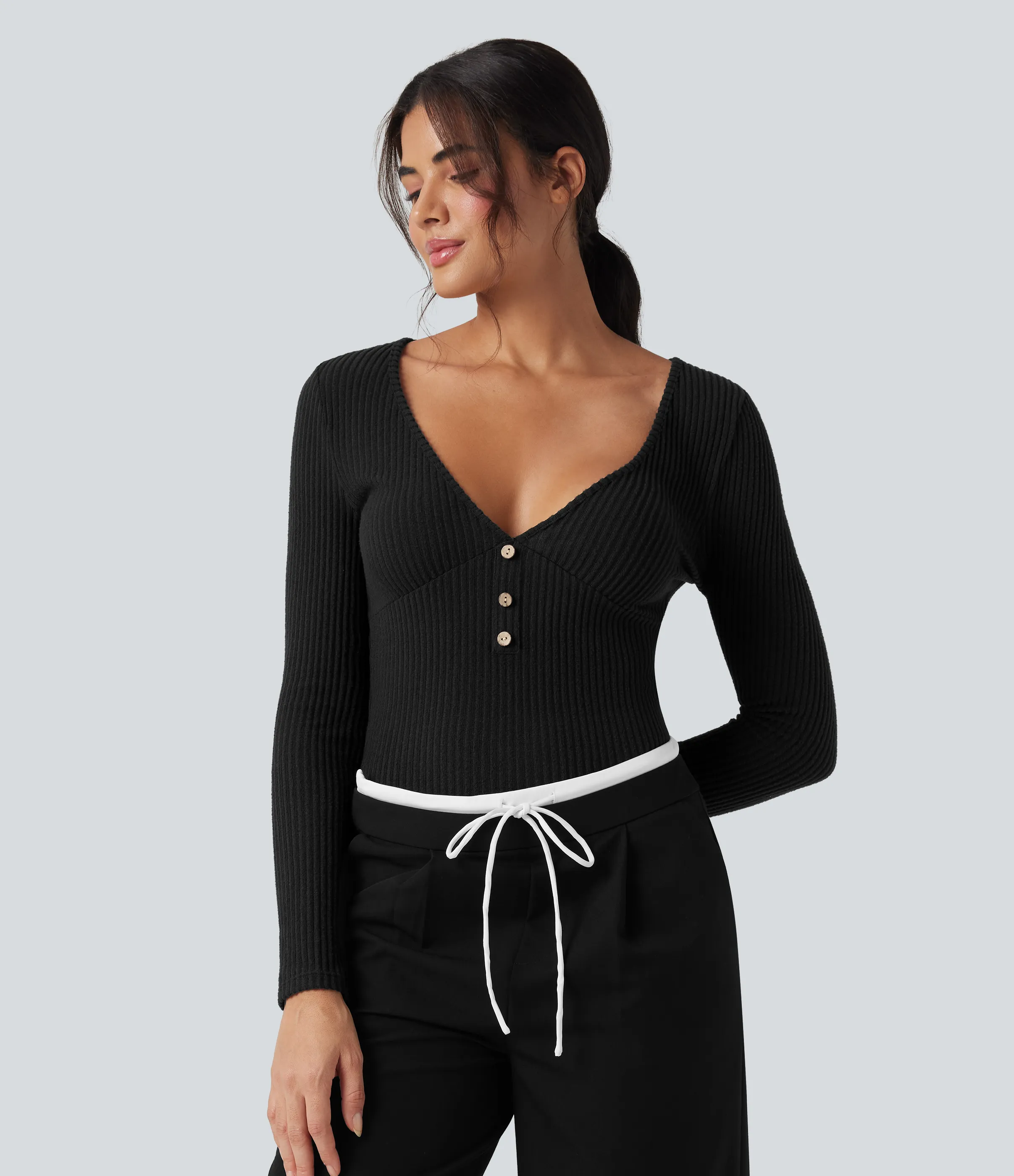 Halara Top casual ajustado jaspeado de manga larga de punto acanalado con cuello en V - Black - S sold by Halara product image thumbnail 4