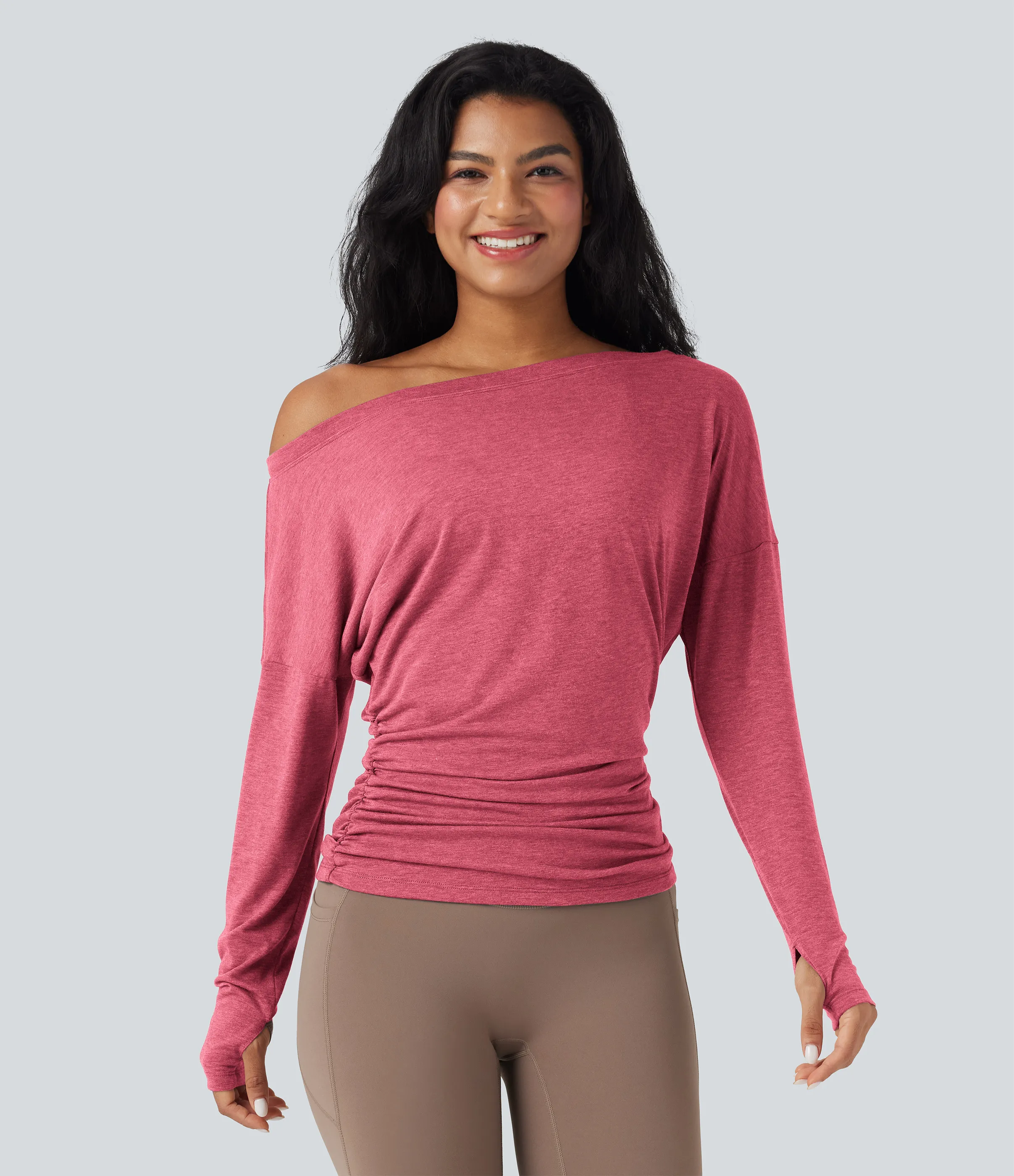 Halara Top deportivo de yoga fruncido con manga larga y un solo hombro con abertura para el pulgar - Mottled Rose Pink - M sold by Halara product image thumbnail 4