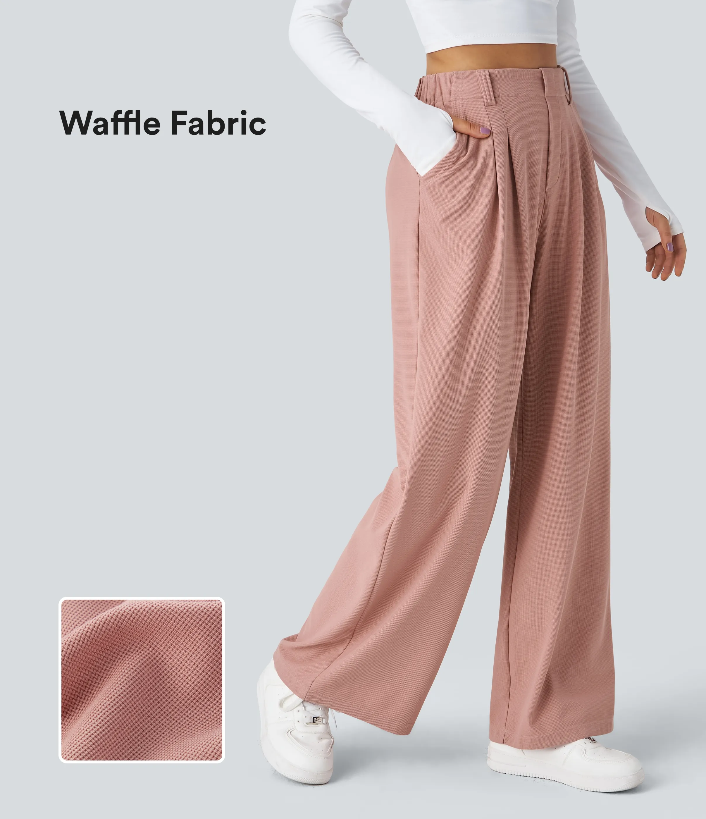 Halara Pantalones Halara Flex™ de oficina anchos plisados de tiro alto con bolsillos en tela tipo gofre - Rose Tan - M(regular) sold by Halara
