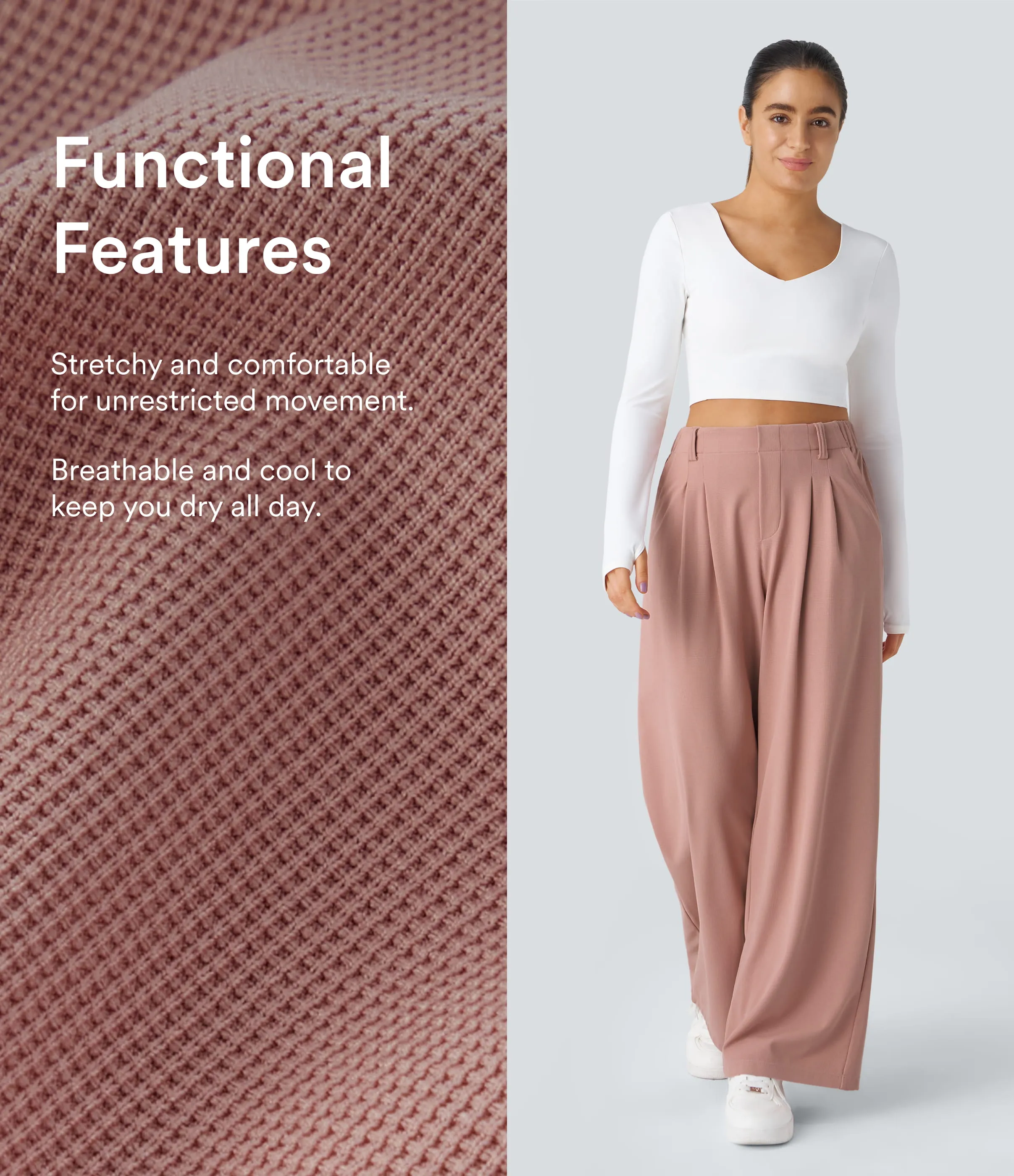 Halara Pantalones Halara Flex™ de oficina anchos plisados de tiro alto con bolsillos en tela tipo gofre - Rose Tan - M(regular) sold by Halara product image thumbnail 3