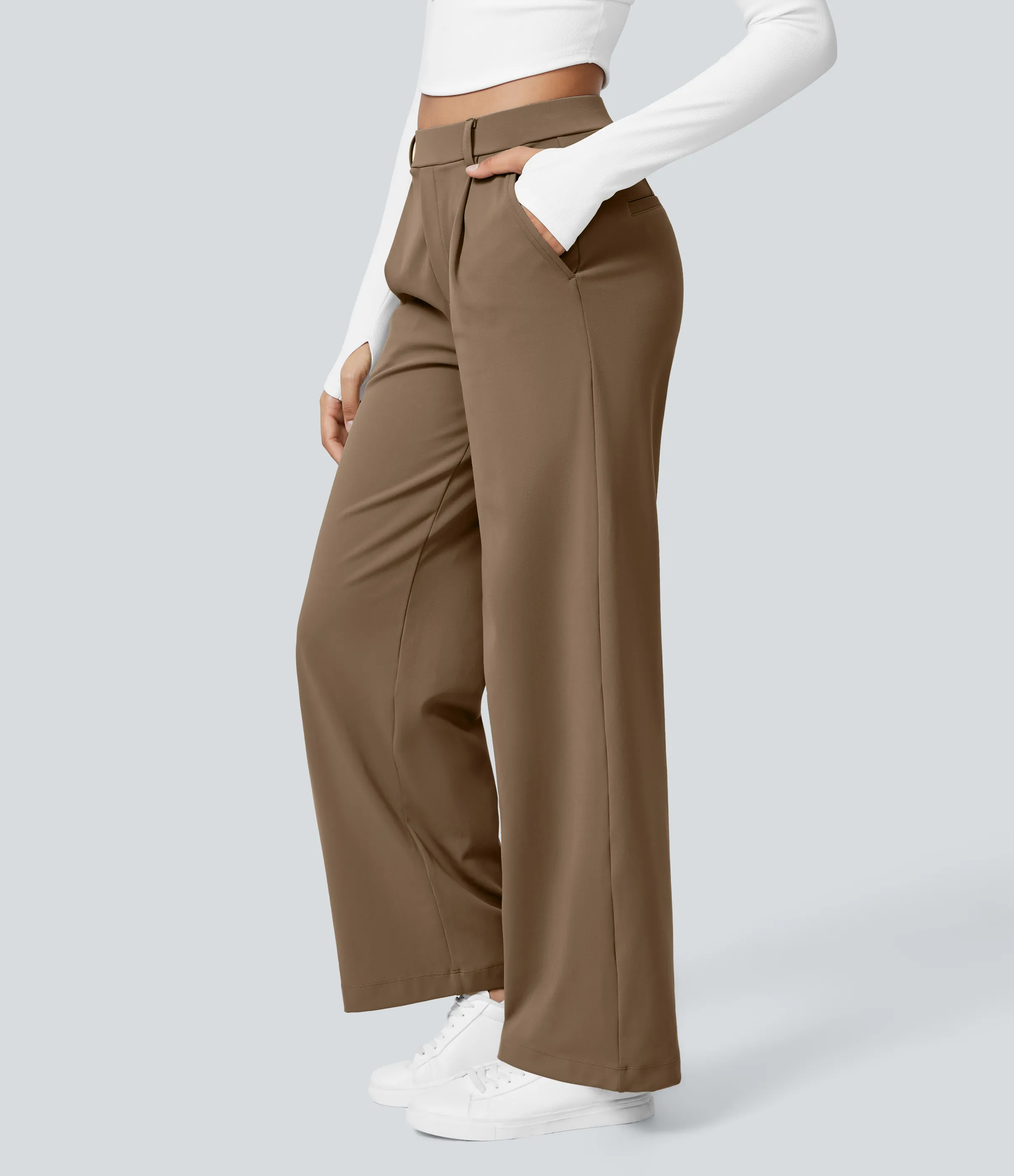 Halara Pantalón oficina pierna recta bolsillo lateral tiro alto pliegue - Sepia - XS(petite) sold by Halara product image thumbnail 4