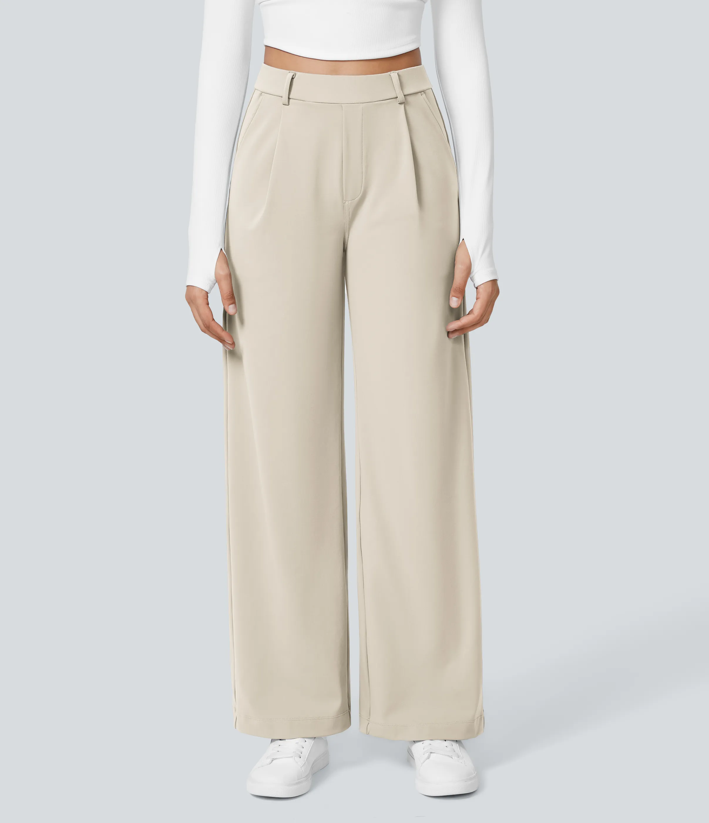 Halara Pantalón oficina pierna recta bolsillo lateral tiro alto pliegue - Oat Milk - XL(ultratall) sold by Halara product image thumbnail 3