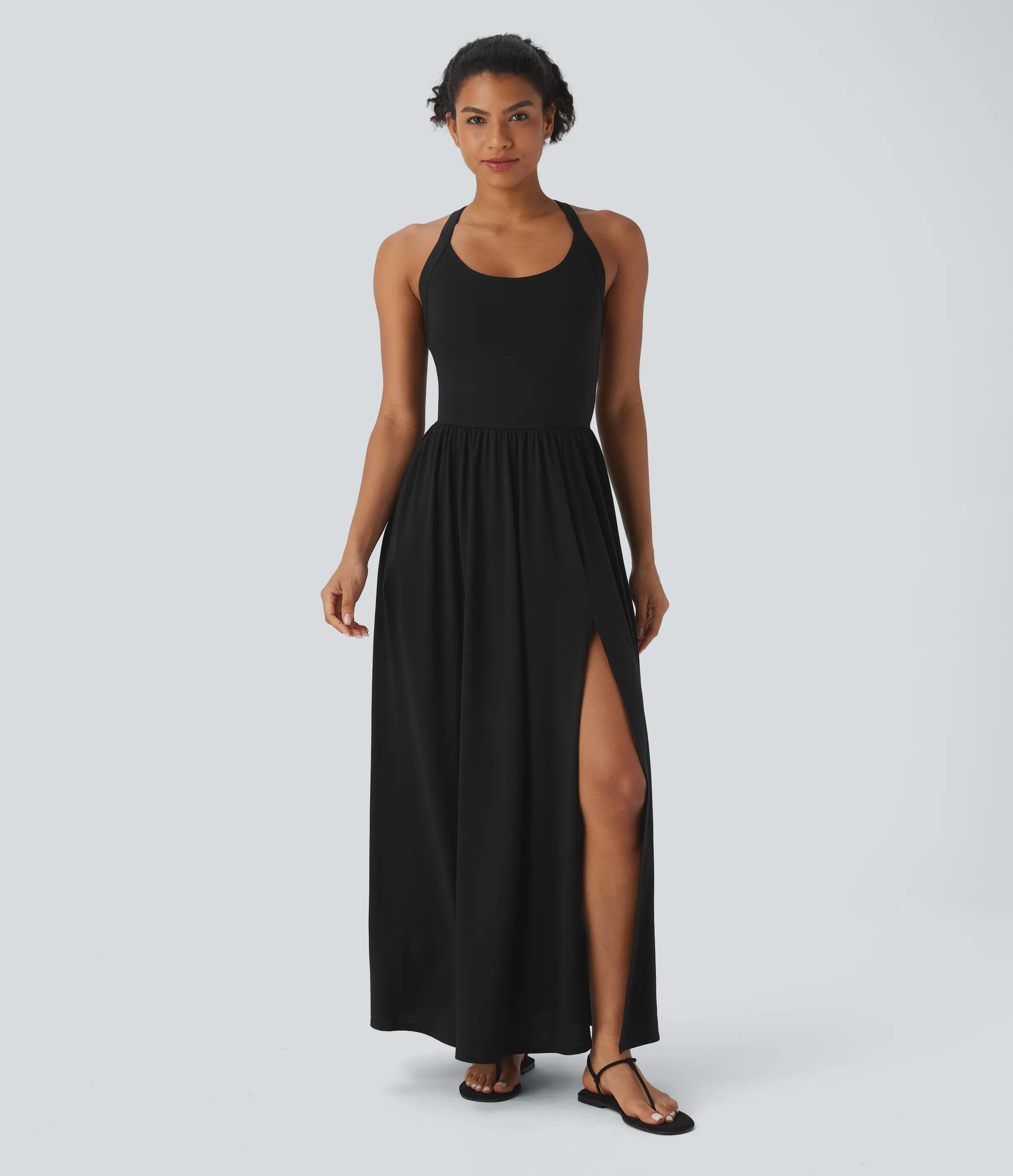 Halara Vestido largo playero fluido con abertura y bolsillos laterales y espalda abierta cruzada - Black - XS sold by Halara product image thumbnail 3