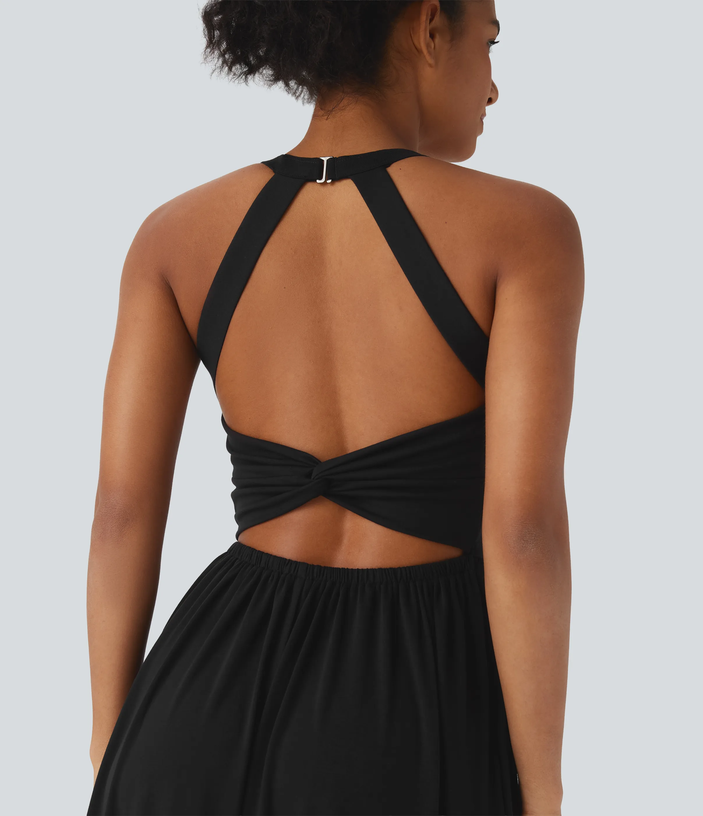 Halara Vestido largo playero fluido con abertura y bolsillos laterales y espalda abierta cruzada - Black - XS sold by Halara product image thumbnail 5