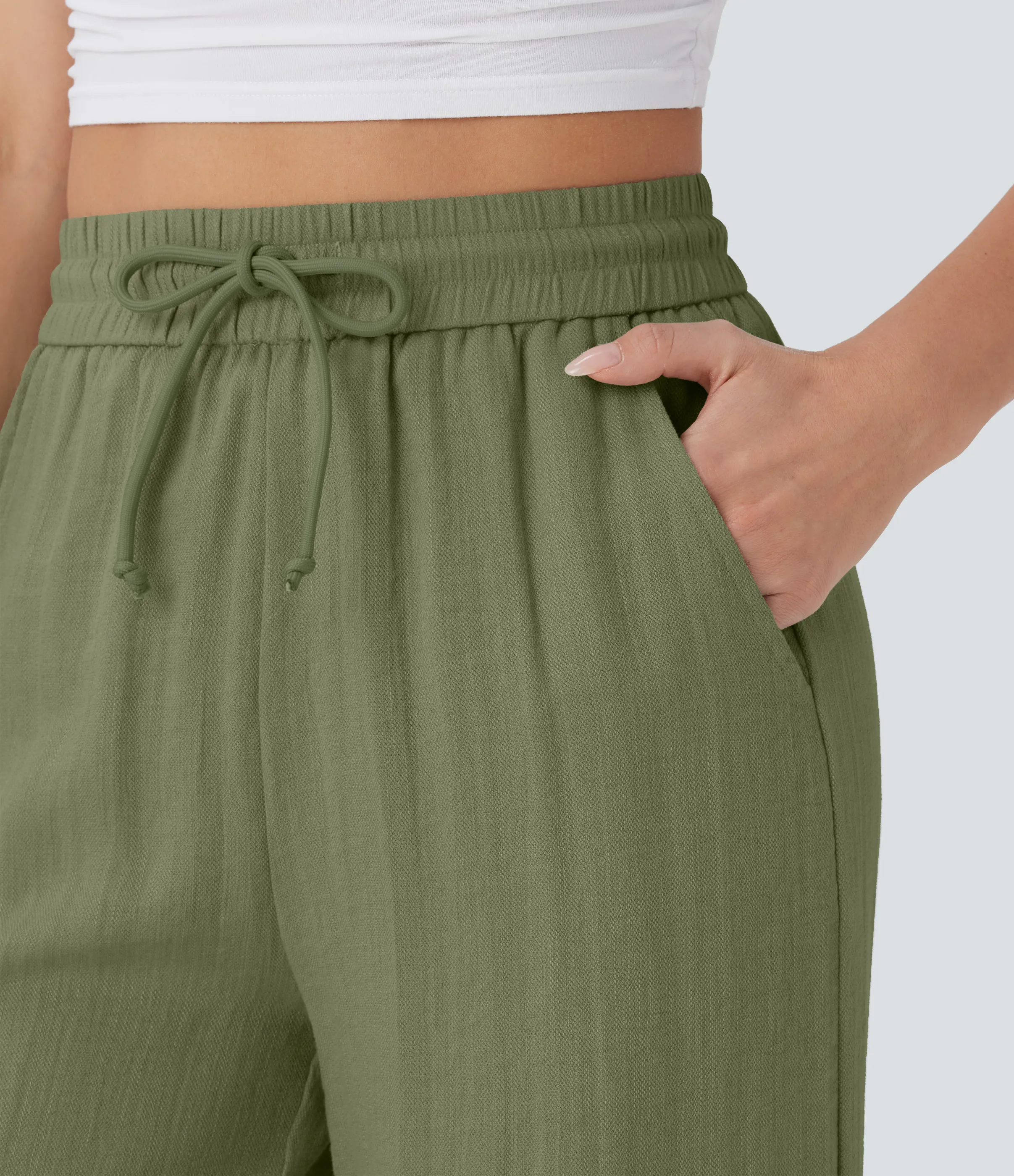 Halara Pantalón lino tiro alto cordón ajustable bolsillo lateral pierna ancha - Loden Green - XS(petite) sold by Halara product image thumbnail 5