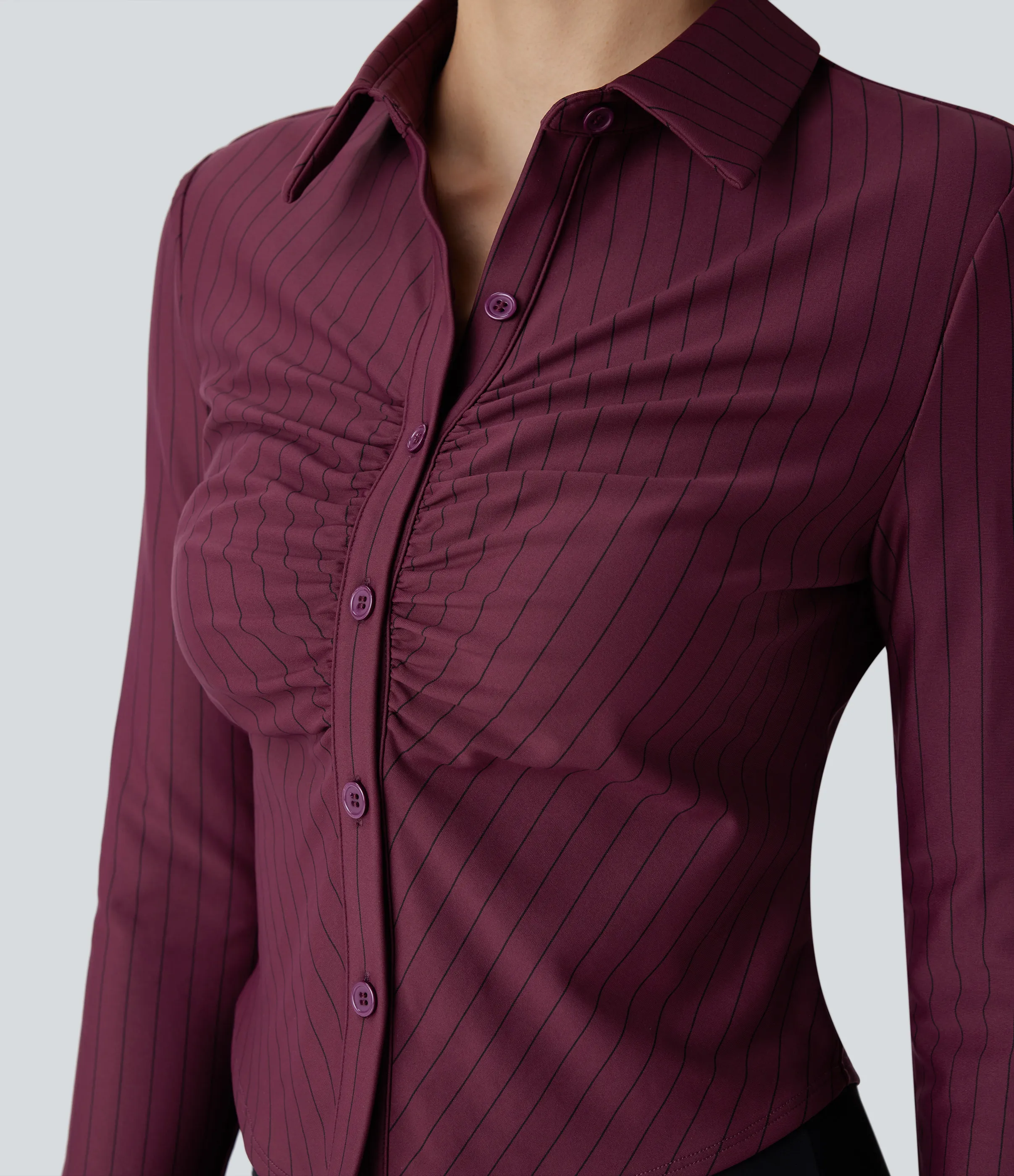 Halara Camisa oficina cuello botón fruncido manga larga dobladillo curvo raya tacto fresco - Wine Red and Black Stripe - XS sold by Halara product image thumbnail 5