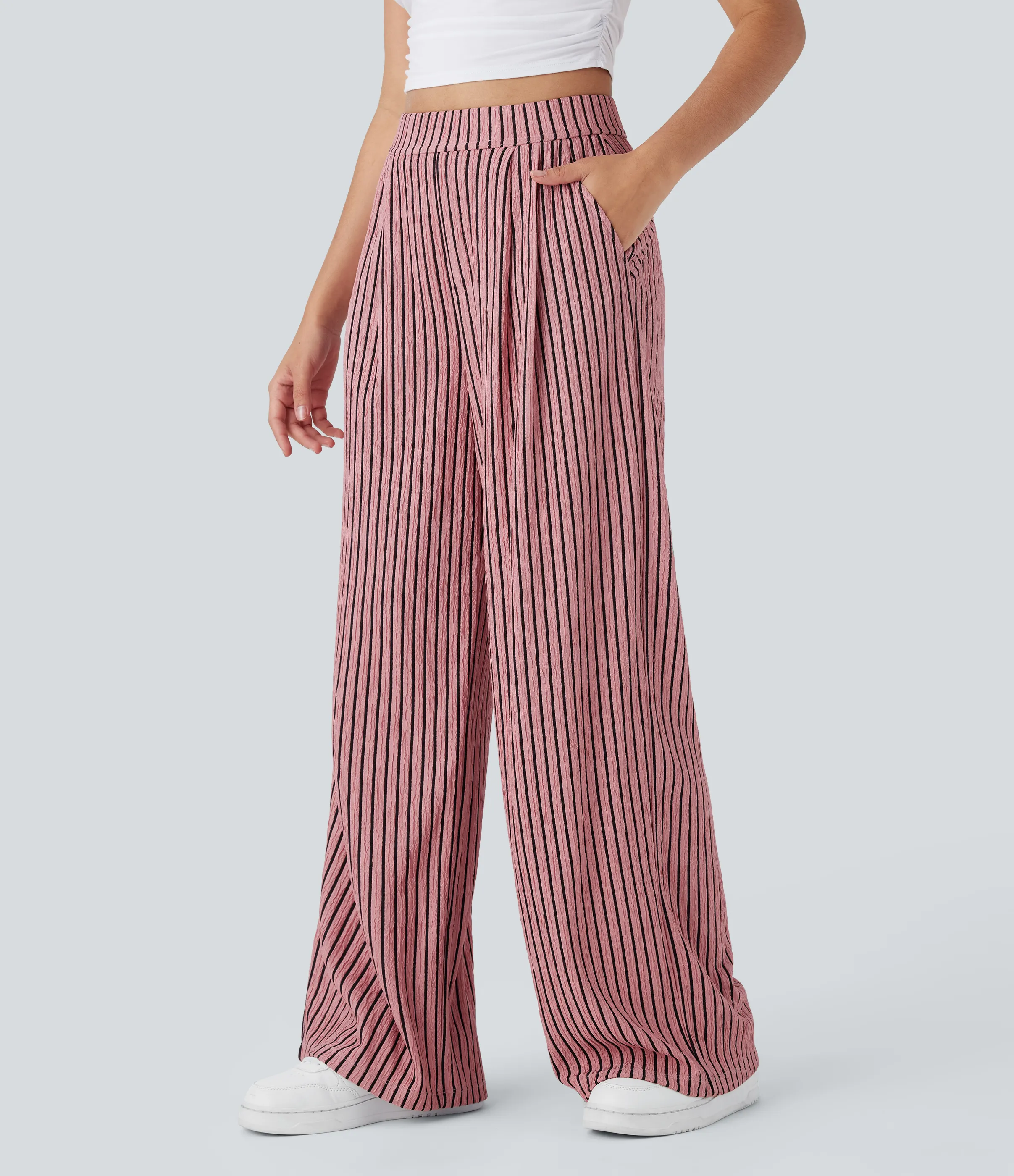 Halara Pantalón pierna ancha raya bolsillo lateral tiro alto - Candy Pink Black Stripes - M(regular) sold by Halara product image thumbnail 2