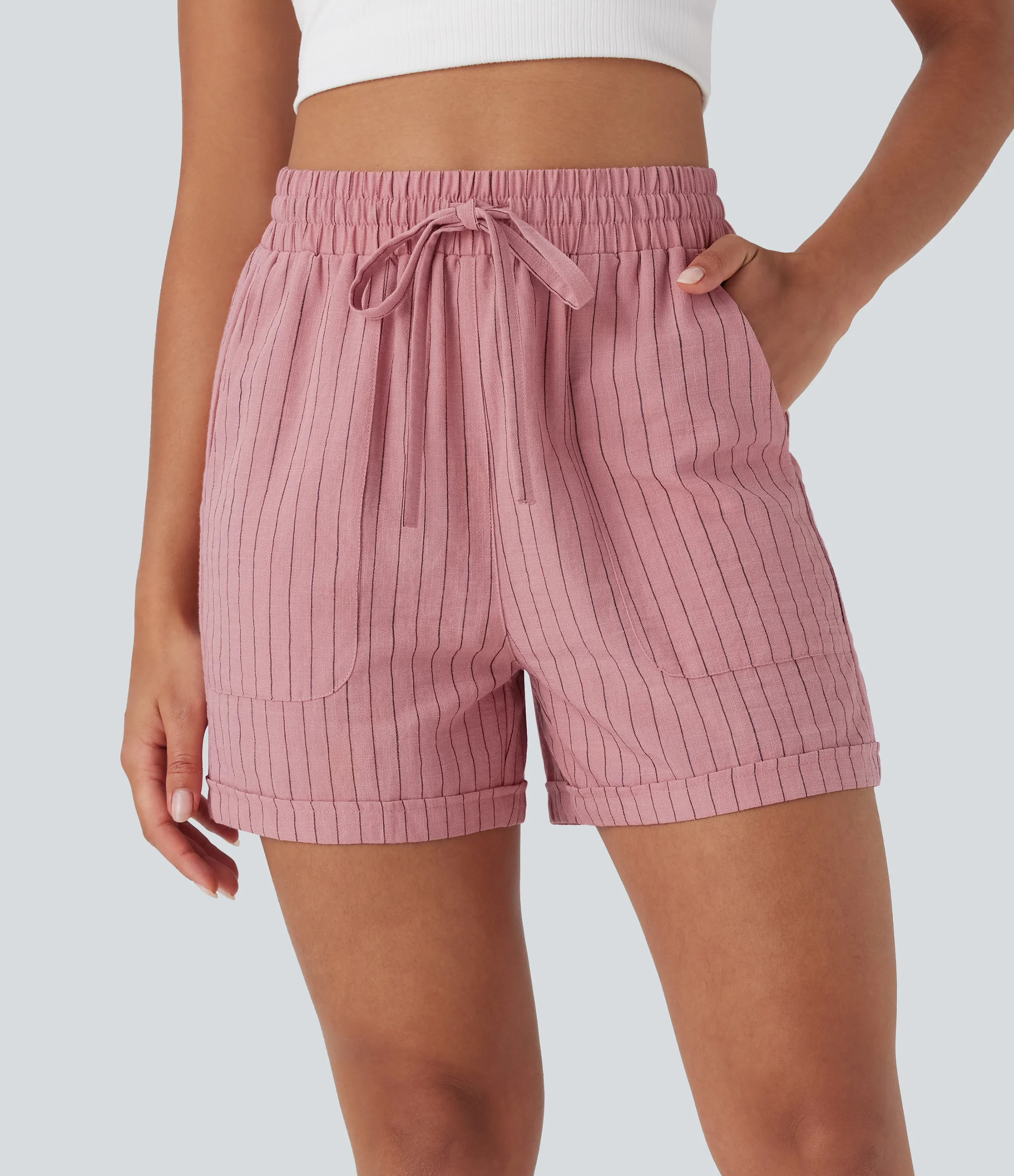 Halara Shorts casuales de lino con tiro alto, cordón ajustable y bolsillos - Candy Pink Black Yarn Dye Stripes - XS(regular) sold by Halara product image thumbnail 2