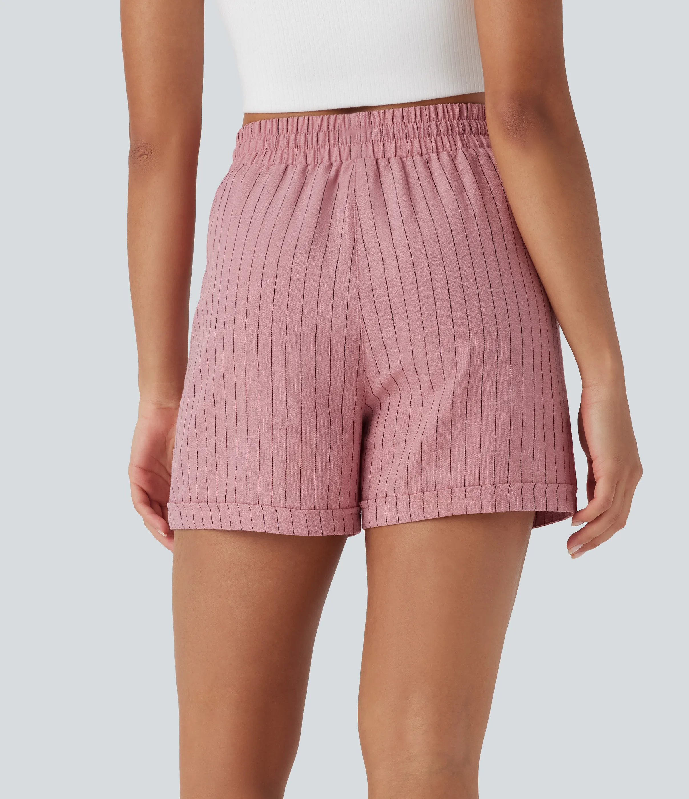 Halara Shorts casuales de lino con tiro alto, cordón ajustable y bolsillos - Candy Pink Black Yarn Dye Stripes - XS(regular) sold by Halara product image thumbnail 3