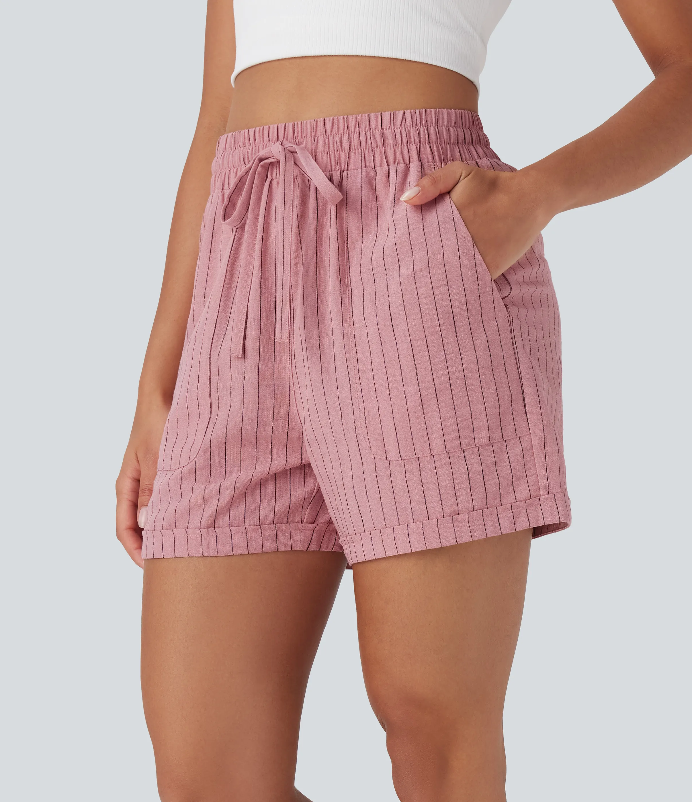 Halara Shorts casuales de lino con tiro alto, cordón ajustable y bolsillos - Candy Pink Black Yarn Dye Stripes - XS(regular) sold by Halara product image thumbnail 4