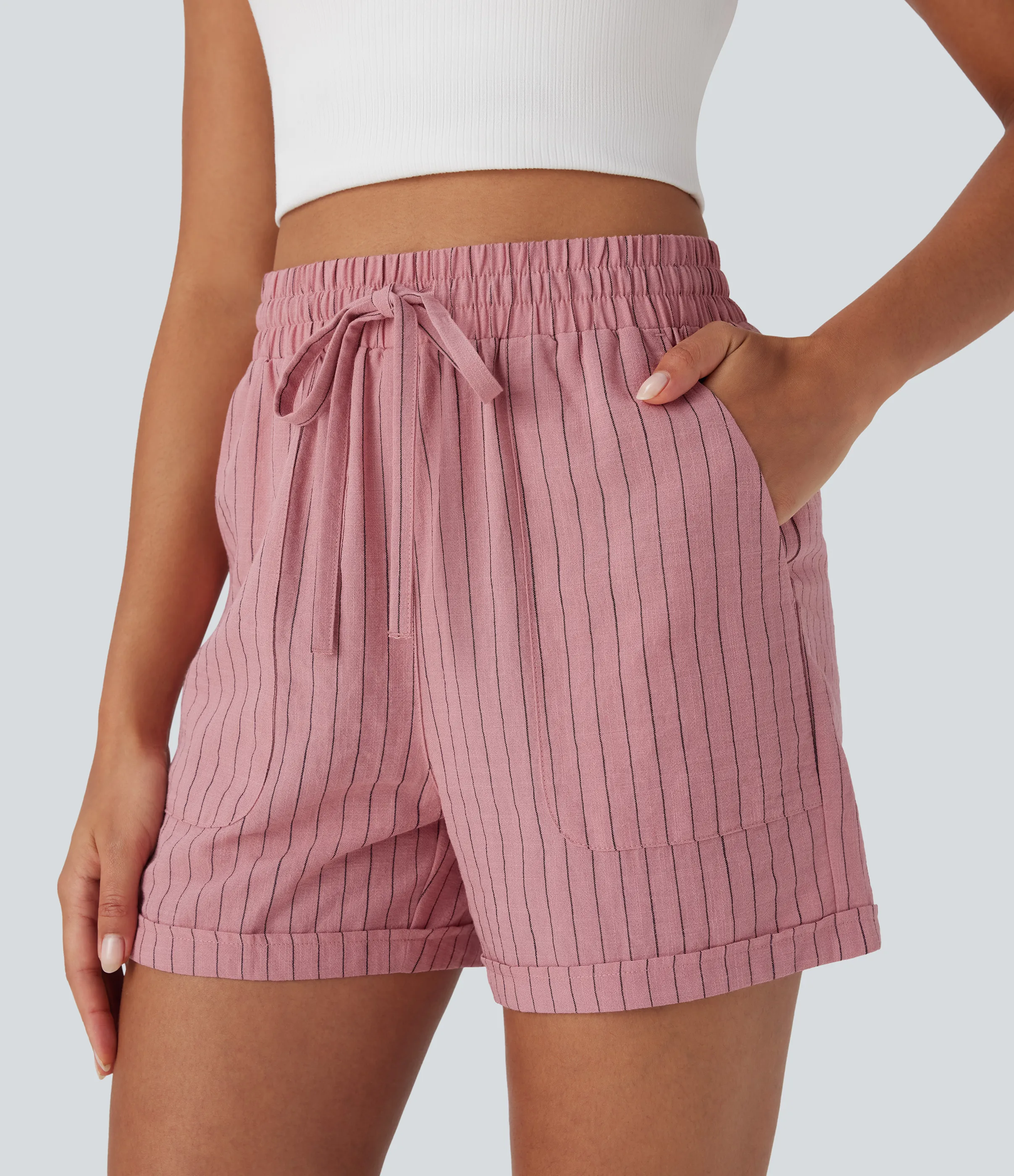 Halara Shorts casuales de lino con tiro alto, cordón ajustable y bolsillos - Candy Pink Black Yarn Dye Stripes - XS(regular) sold by Halara product image thumbnail 5