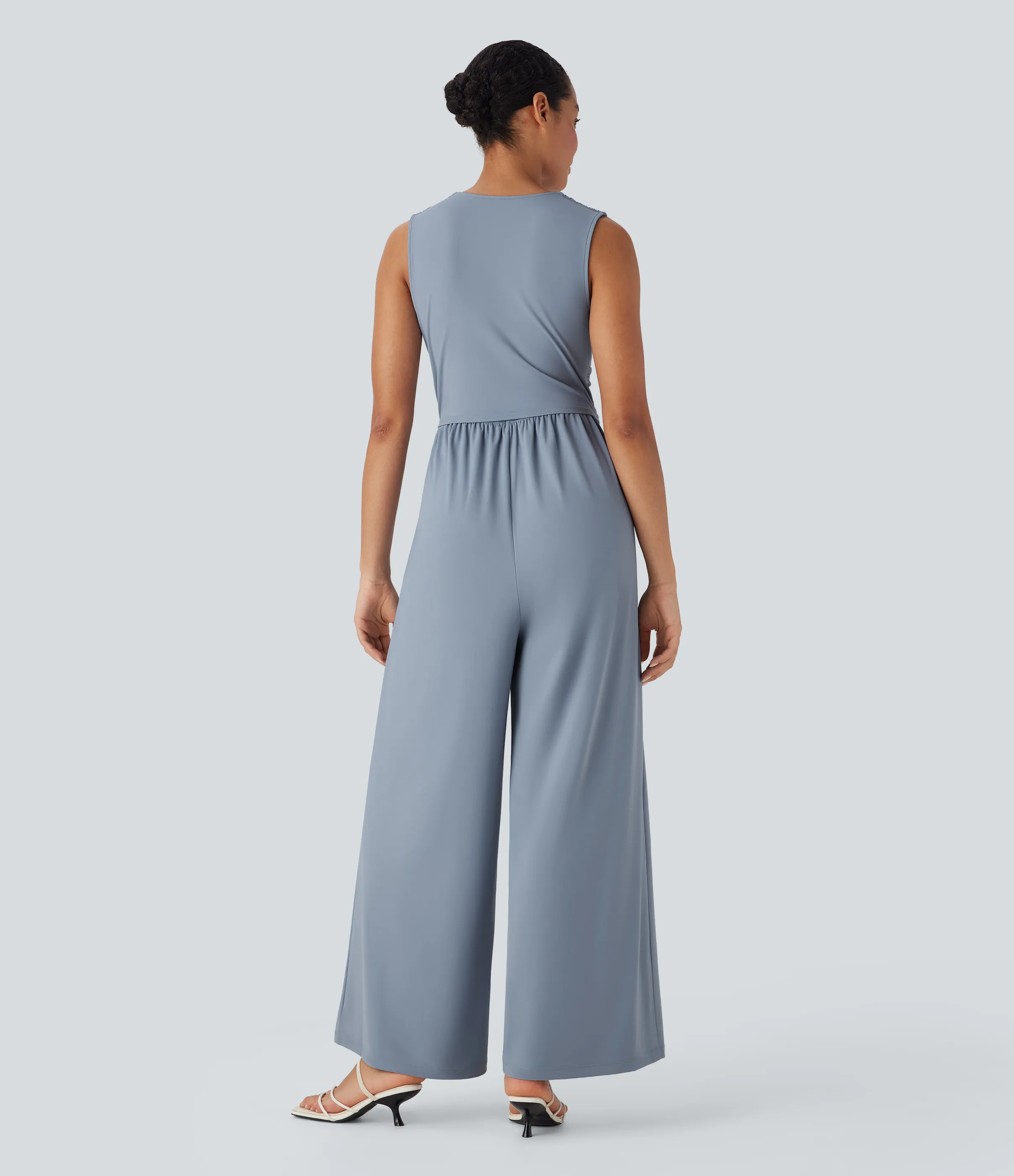 Halara Mono casual Softlyzero™ sin mangas con escote en V fruncido con bolsillos laterales, cremallera invisible y tacto fresco - Easy Peezy - Snowflake Blue - XL(regular) sold by Halara product image thumbnail 3