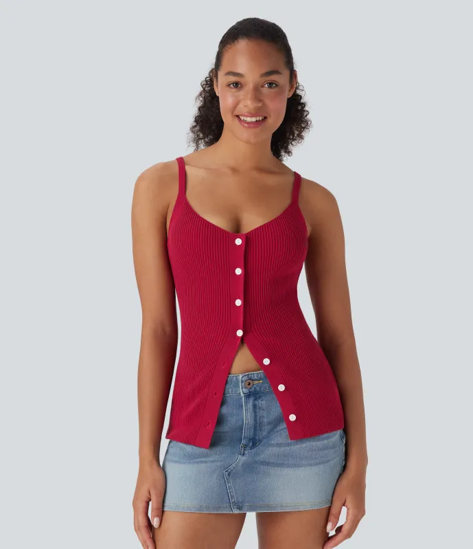 Halara Camiseta de tirantes de punto con espalda abierta y botones - Crimson - L made by Halara