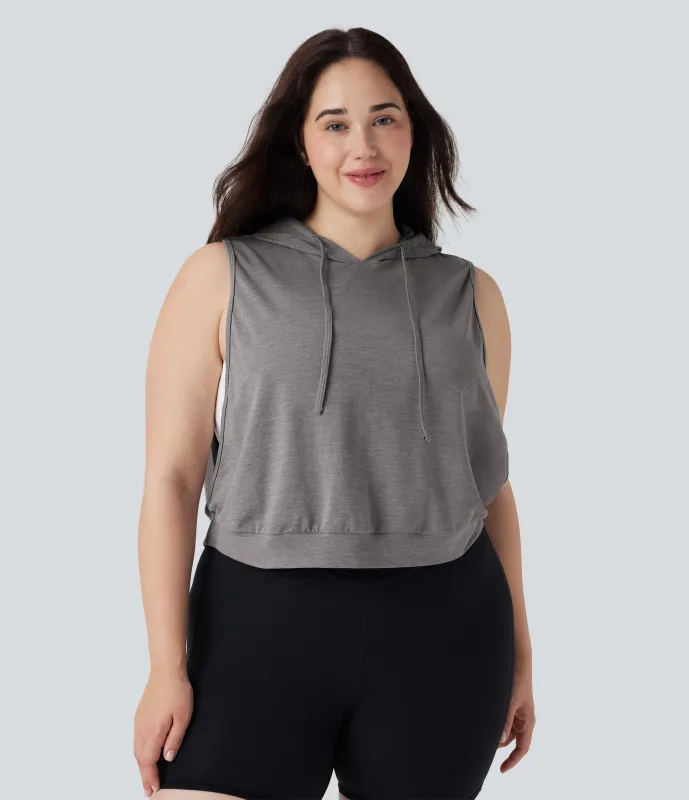 Halara Camiseta sin mangas corta correr capucha cordón ajustable talla grande - Mottled Earth Gray - 2X made by Halara