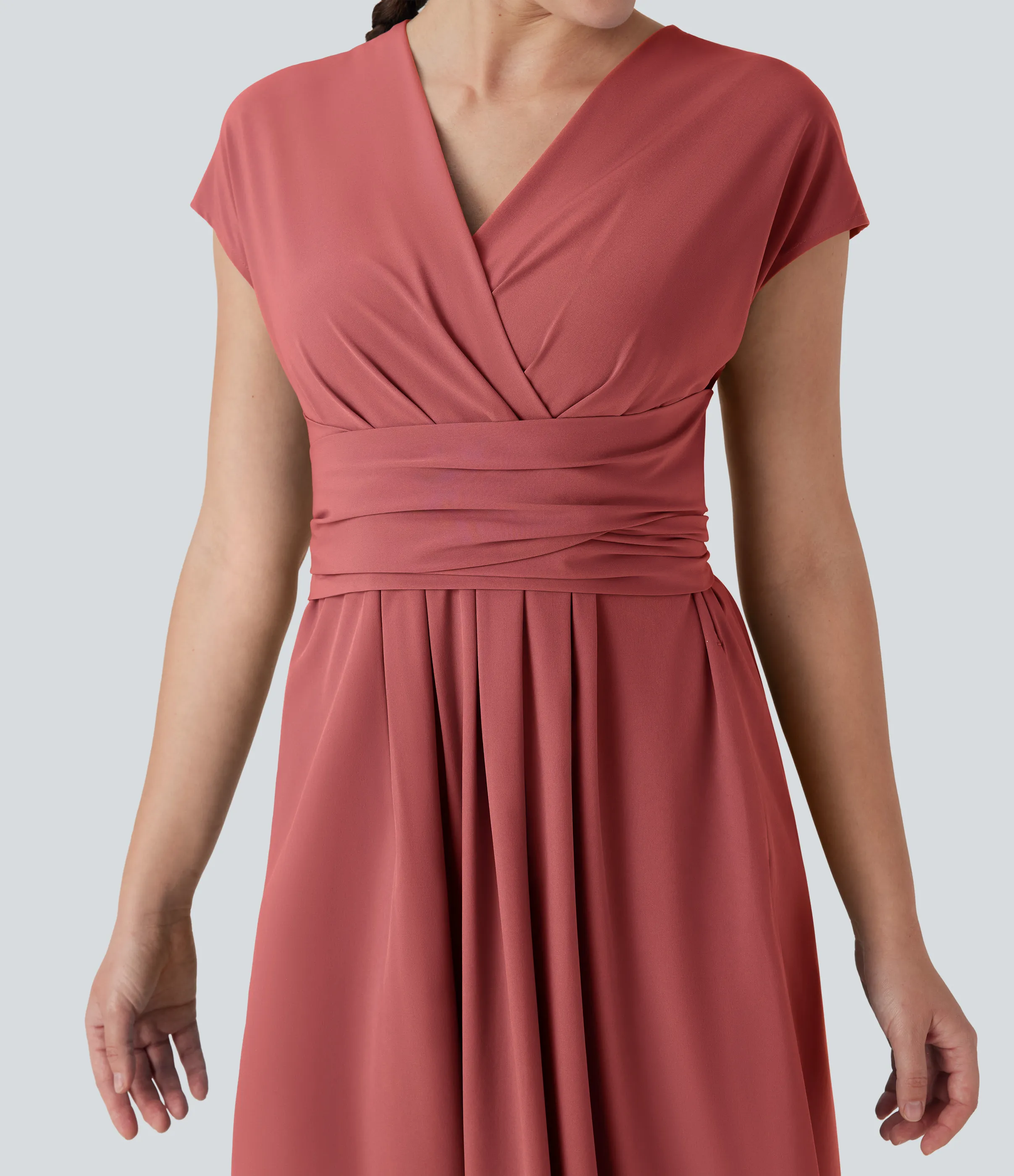 Halara Vestido casual midi Breezeful™ de secado rápido con cuello en V, manga corta, bolsillo lateral y lazo en la espalda - Kapok Red - XL sold by Halara product image thumbnail 5