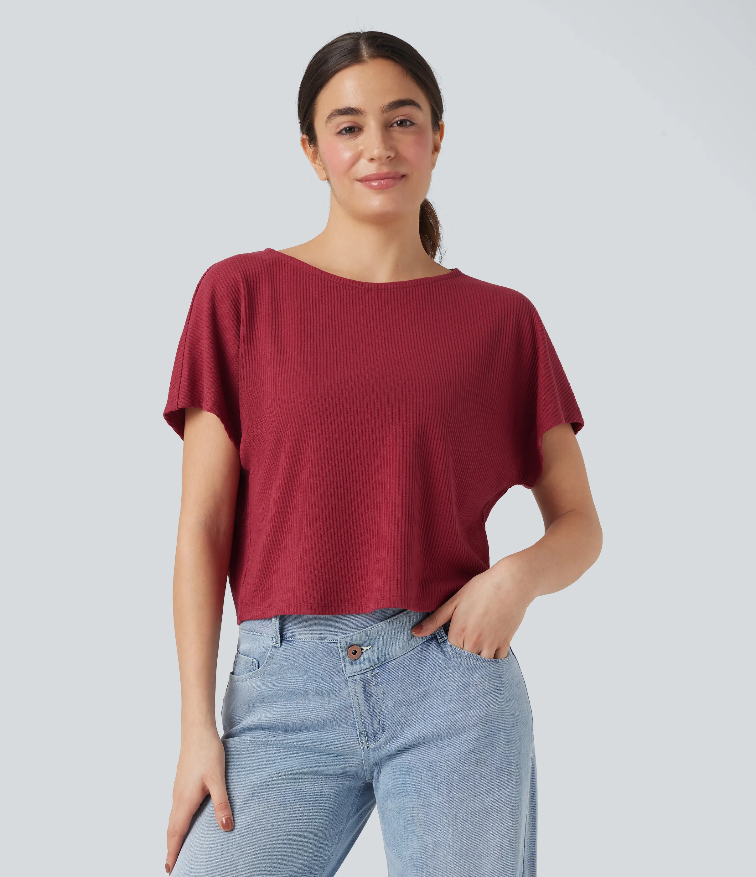 Halara Camiseta casual holgada de punto acanalado con mangas de murciélago - Karanda Red - XL sold by Halara