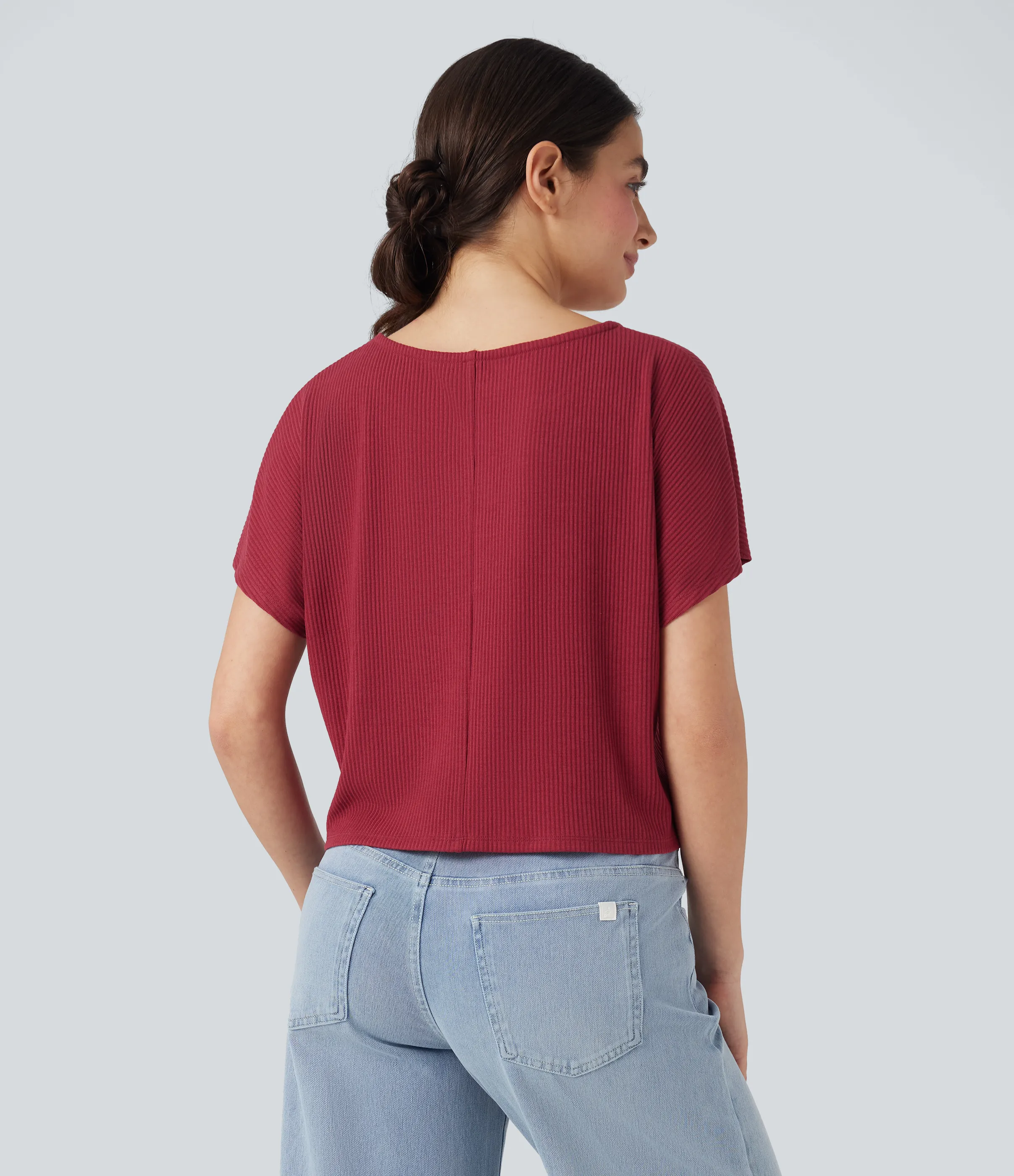 Halara Camiseta casual holgada de punto acanalado con mangas de murciélago - Karanda Red - XL sold by Halara product image thumbnail 3