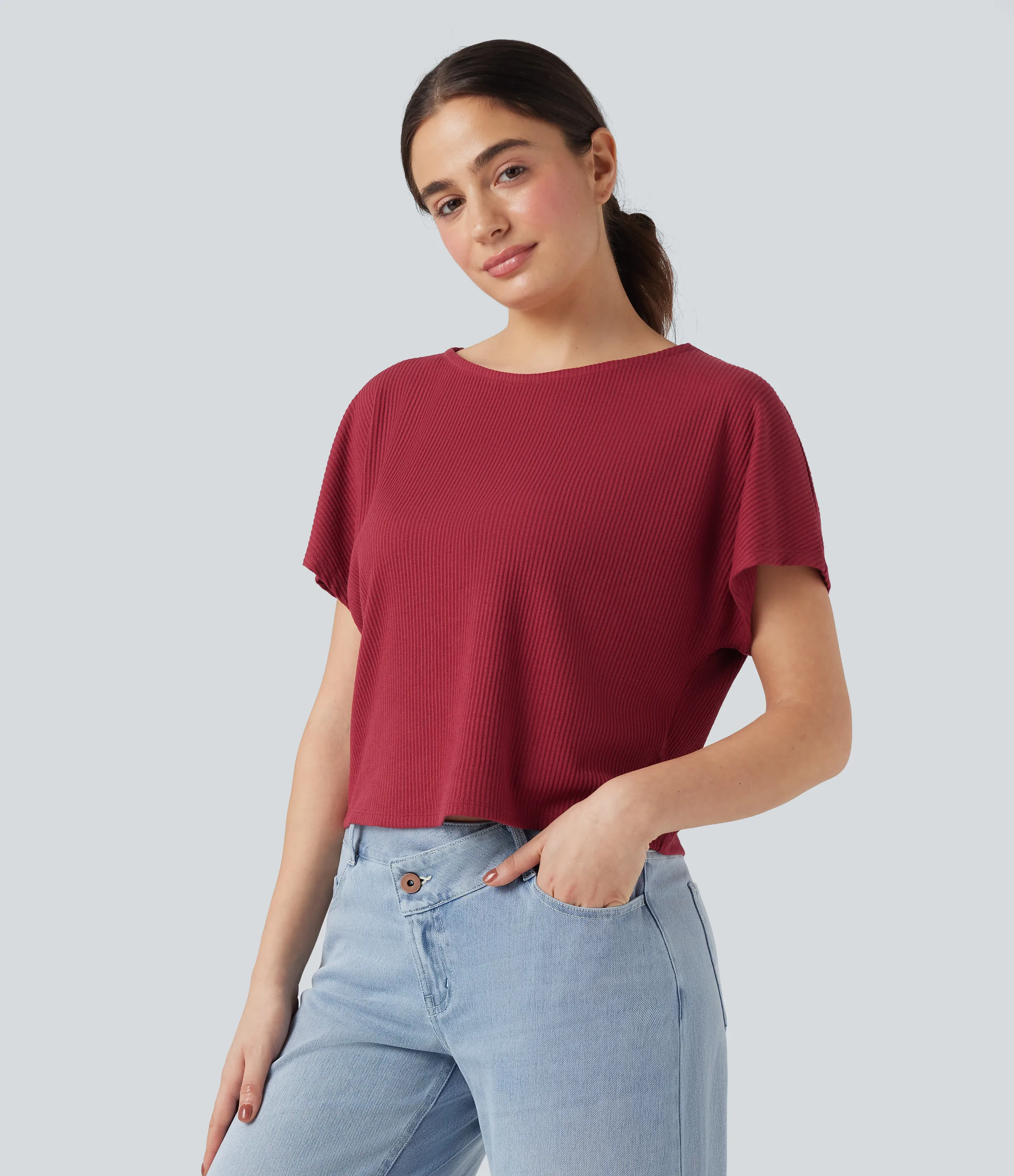 Halara Camiseta casual holgada de punto acanalado con mangas de murciélago - Karanda Red - XL sold by Halara product image thumbnail 4