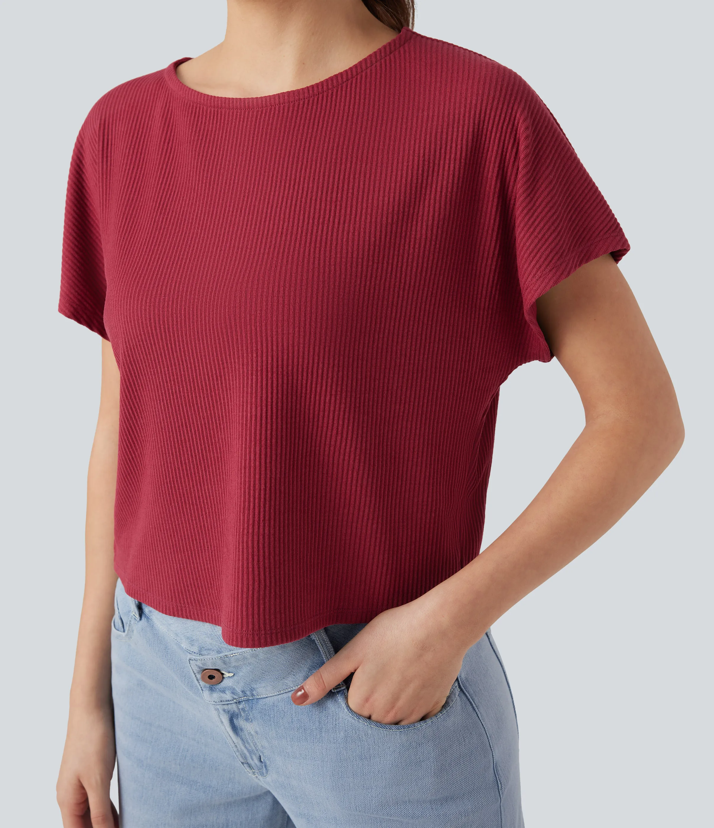 Halara Camiseta casual holgada de punto acanalado con mangas de murciélago - Karanda Red - XL sold by Halara product image thumbnail 5