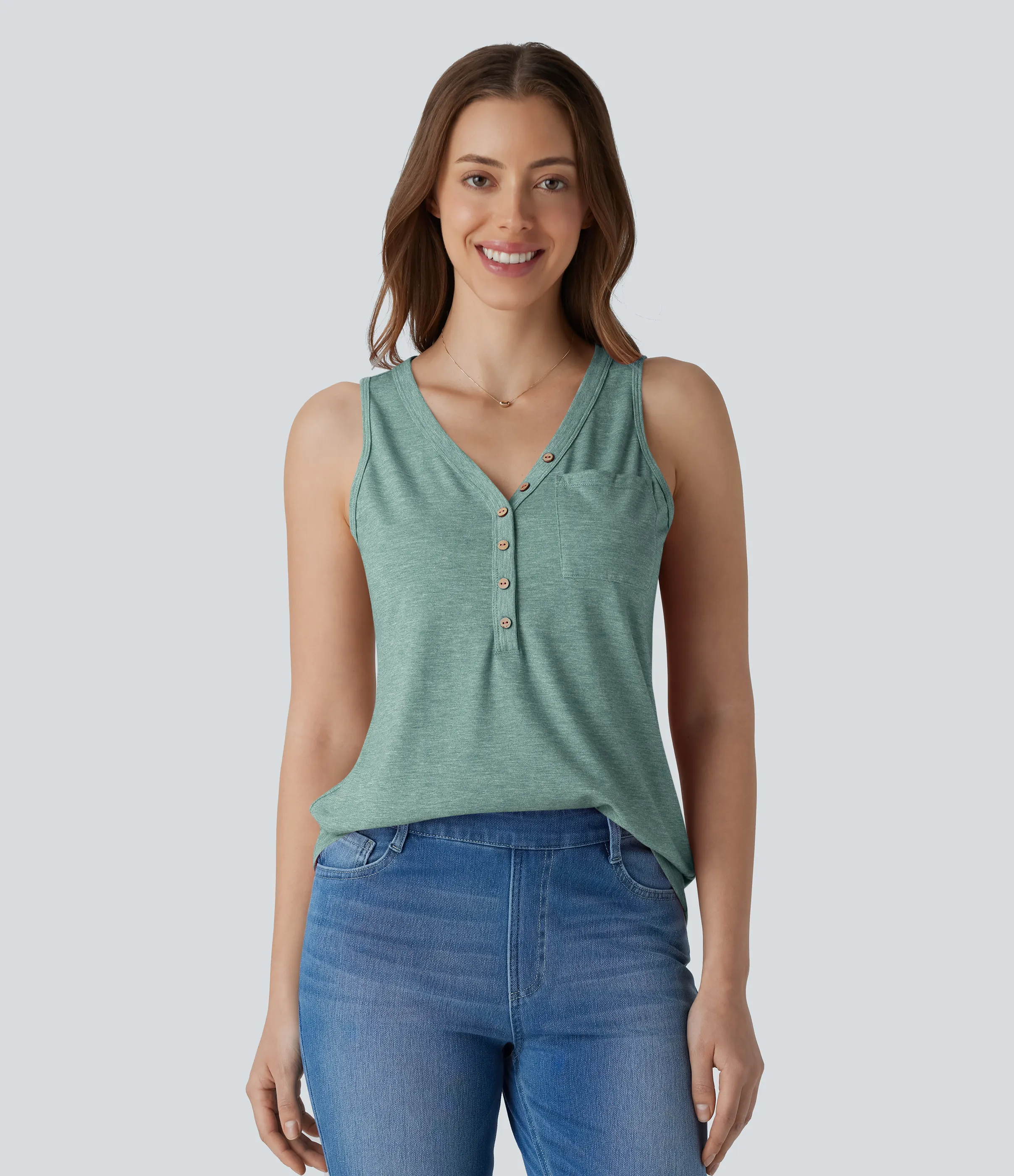 Halara Blusa sin mangas cuello V botón decorativo - Misty Pale Blue - L sold by Halara product image thumbnail 2