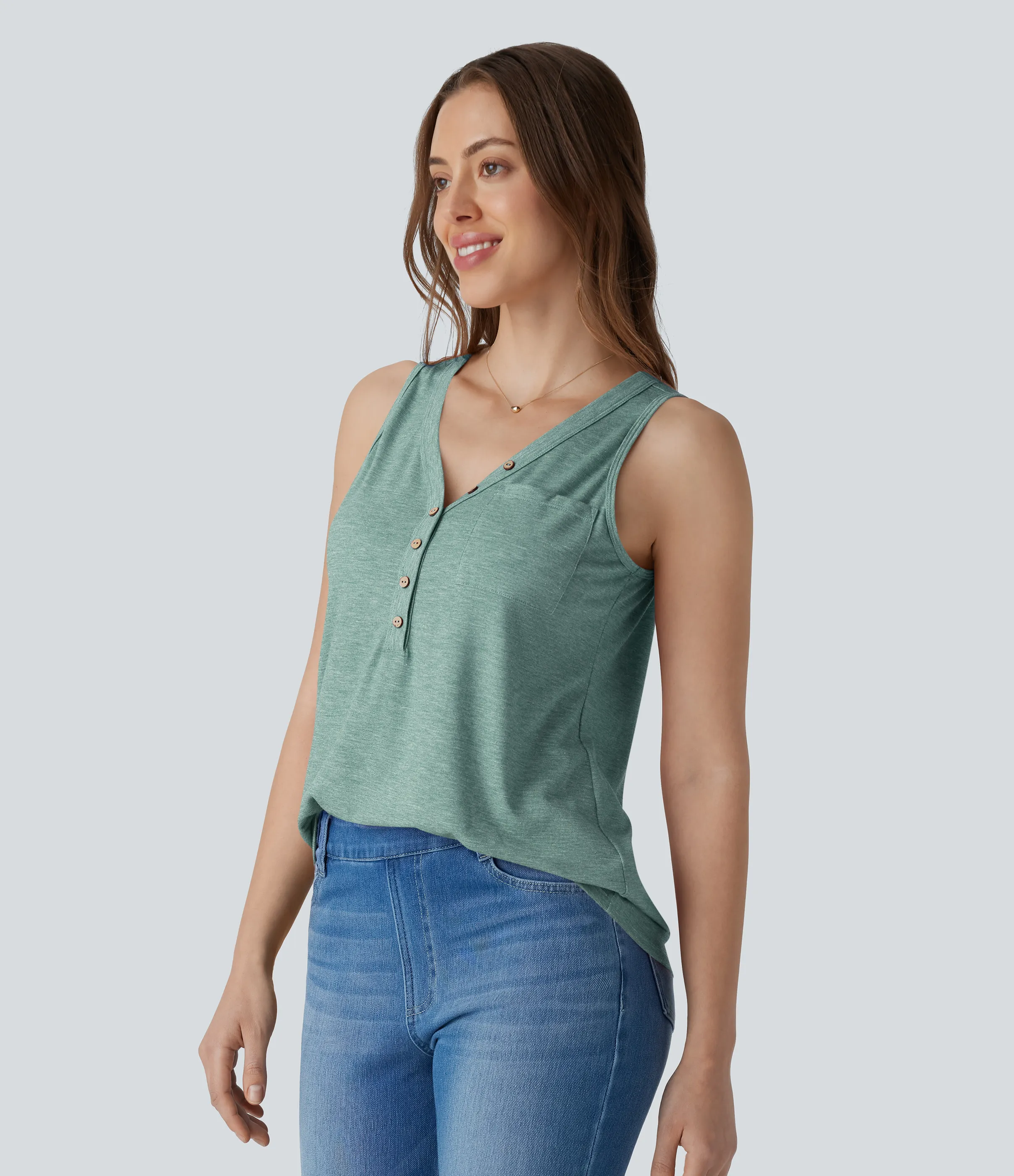 Halara Blusa sin mangas cuello V botón decorativo - Misty Pale Blue - L sold by Halara product image thumbnail 4