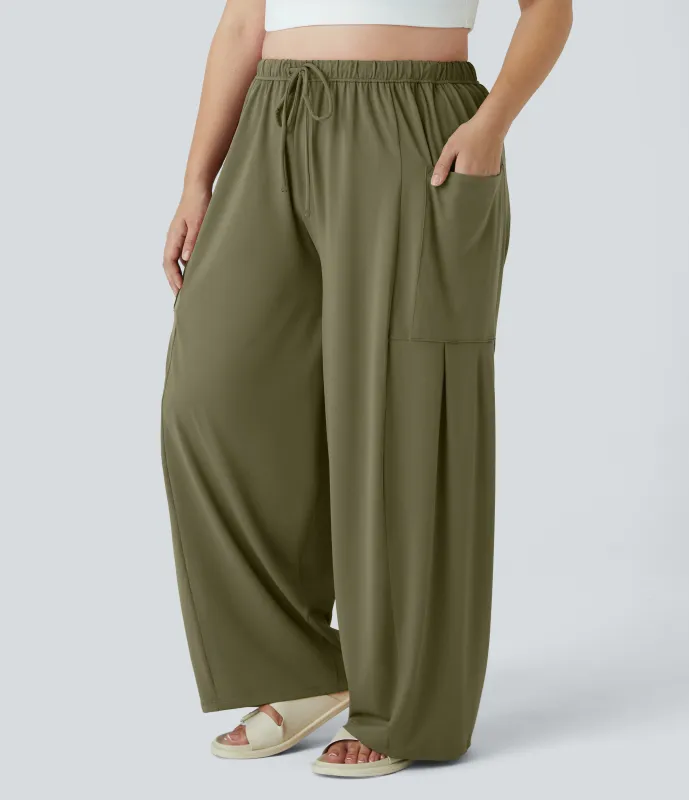 Halara Pantalones Palazzo fluidos de tiro medio con cintura elástica, cordón y bolsillos laterales en tallas grandes - Capulet Olive - 3X(regular) made by Halara