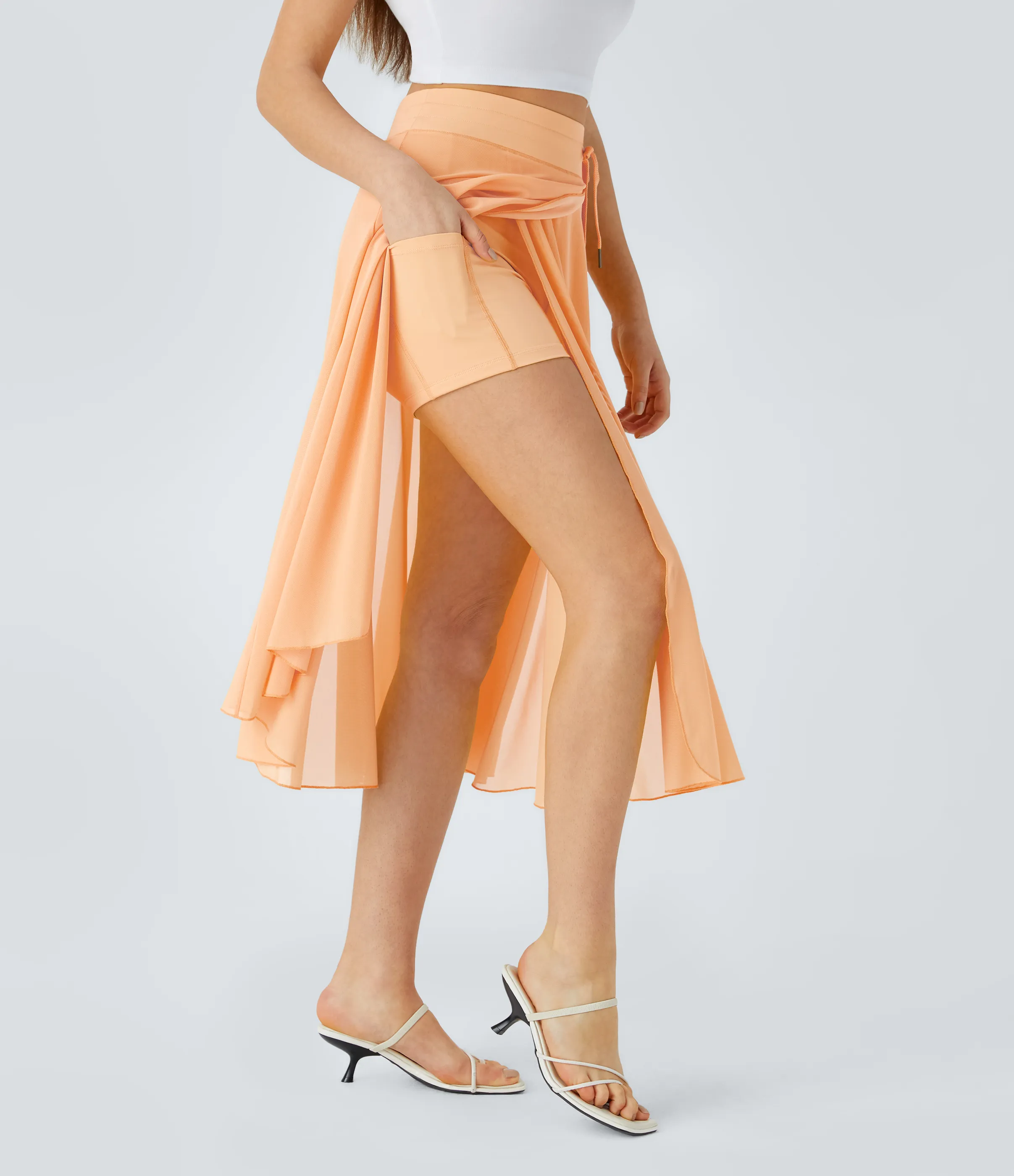 Halara Falda midi casual 2 en 1 acampanada con bolsillo lateral de tiro alto con cordón y malla en contraste - Peach Cobbler - L sold by Halara product image thumbnail 5