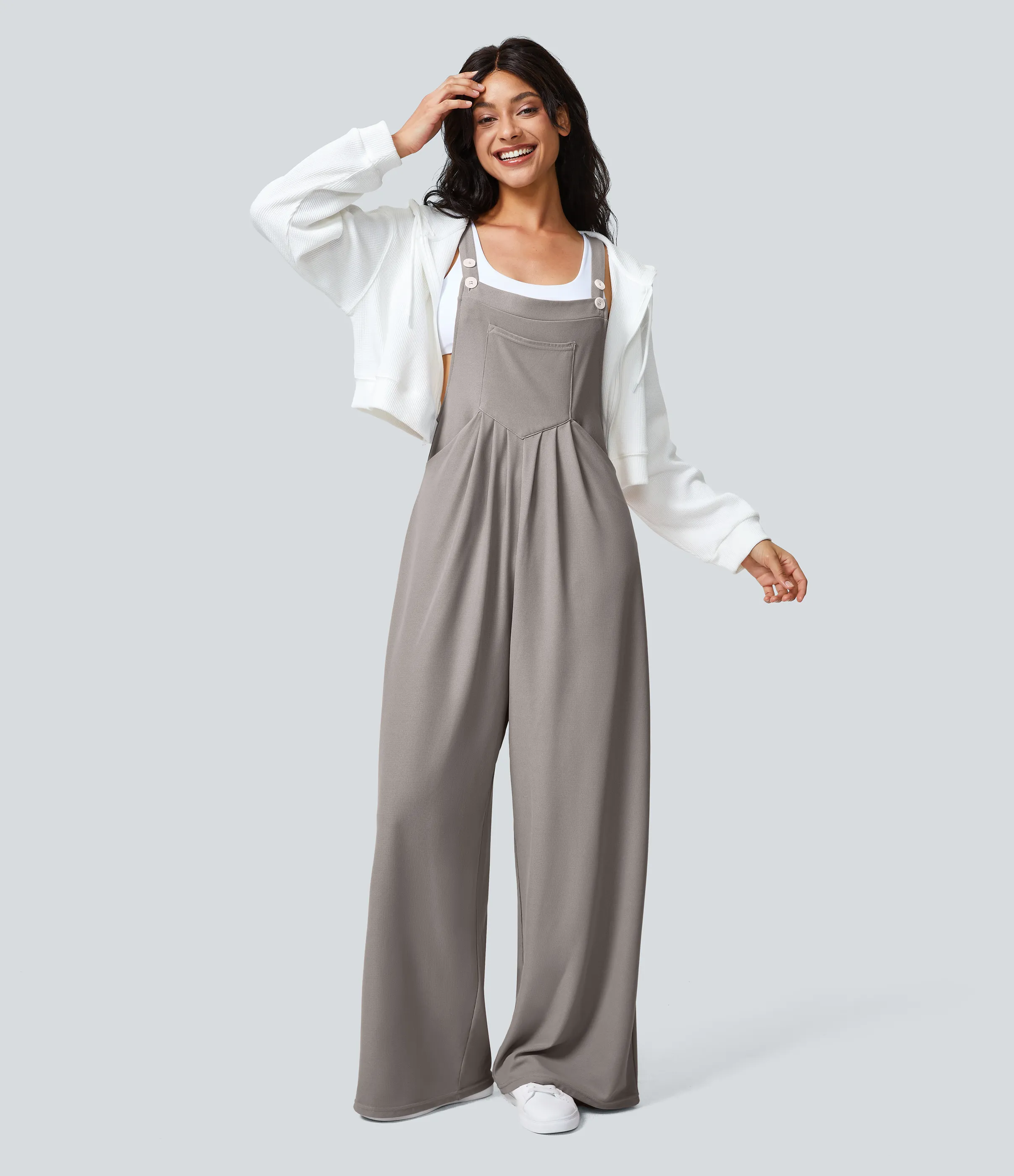 Halara Overol botón correa ajustable bolsillo múltiple gofre plisado - Mink Ash - XS(regular) sold by Halara product image thumbnail 2