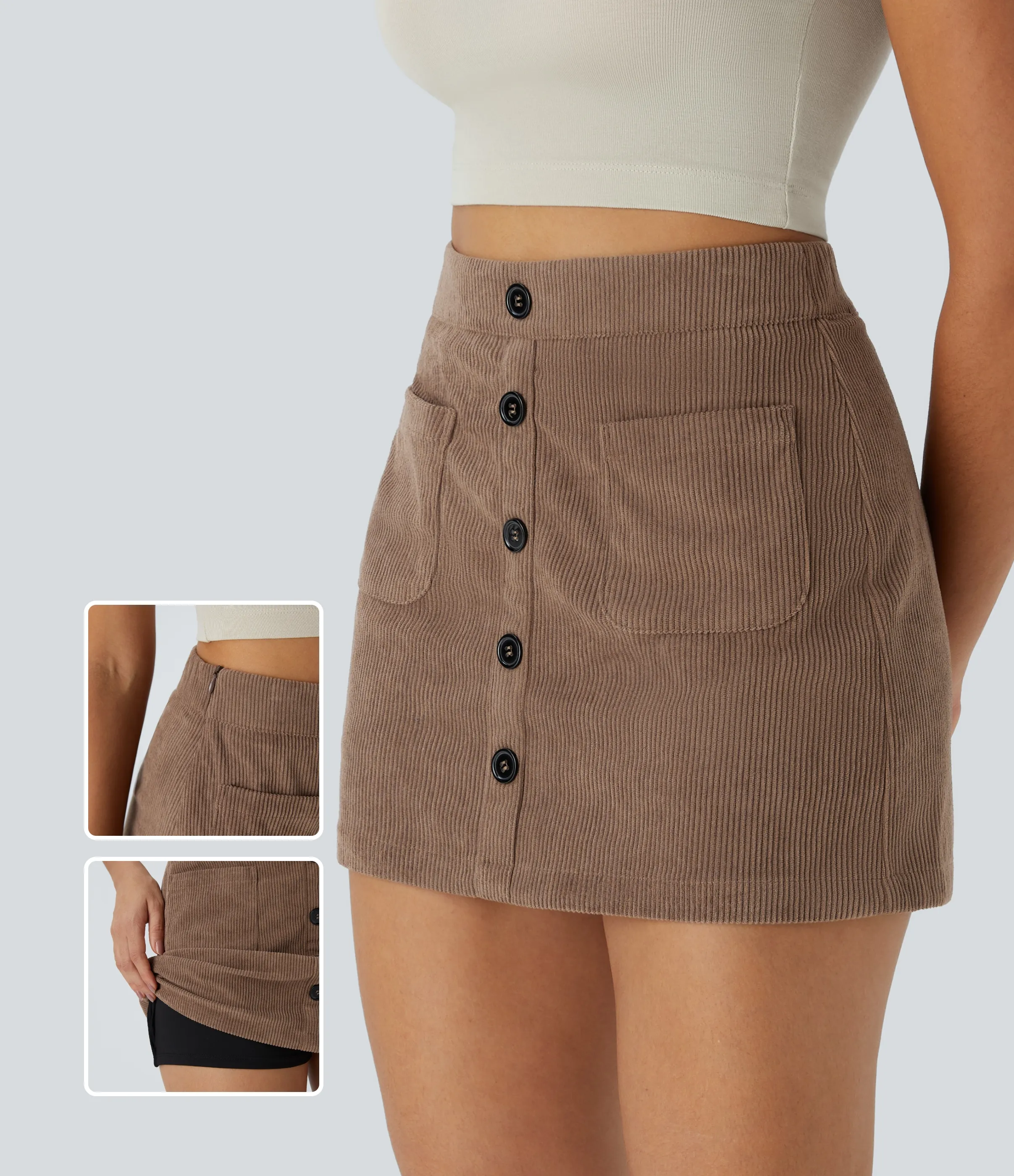 Halara Minifalda pana 2 en 1 tiro alto botón bolsillo lateral delantero cremallera - Acorn - M(regular) sold by Halara product image thumbnail 2