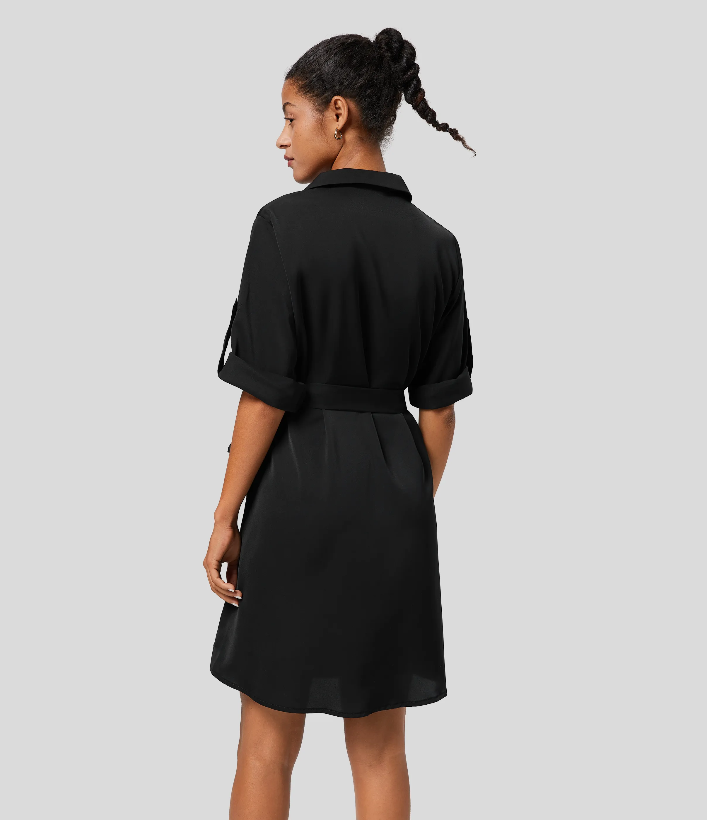 Halara Vestido camisero oficina midi cinturón manga enrollada cuello - Black - M sold by Halara product image thumbnail 3