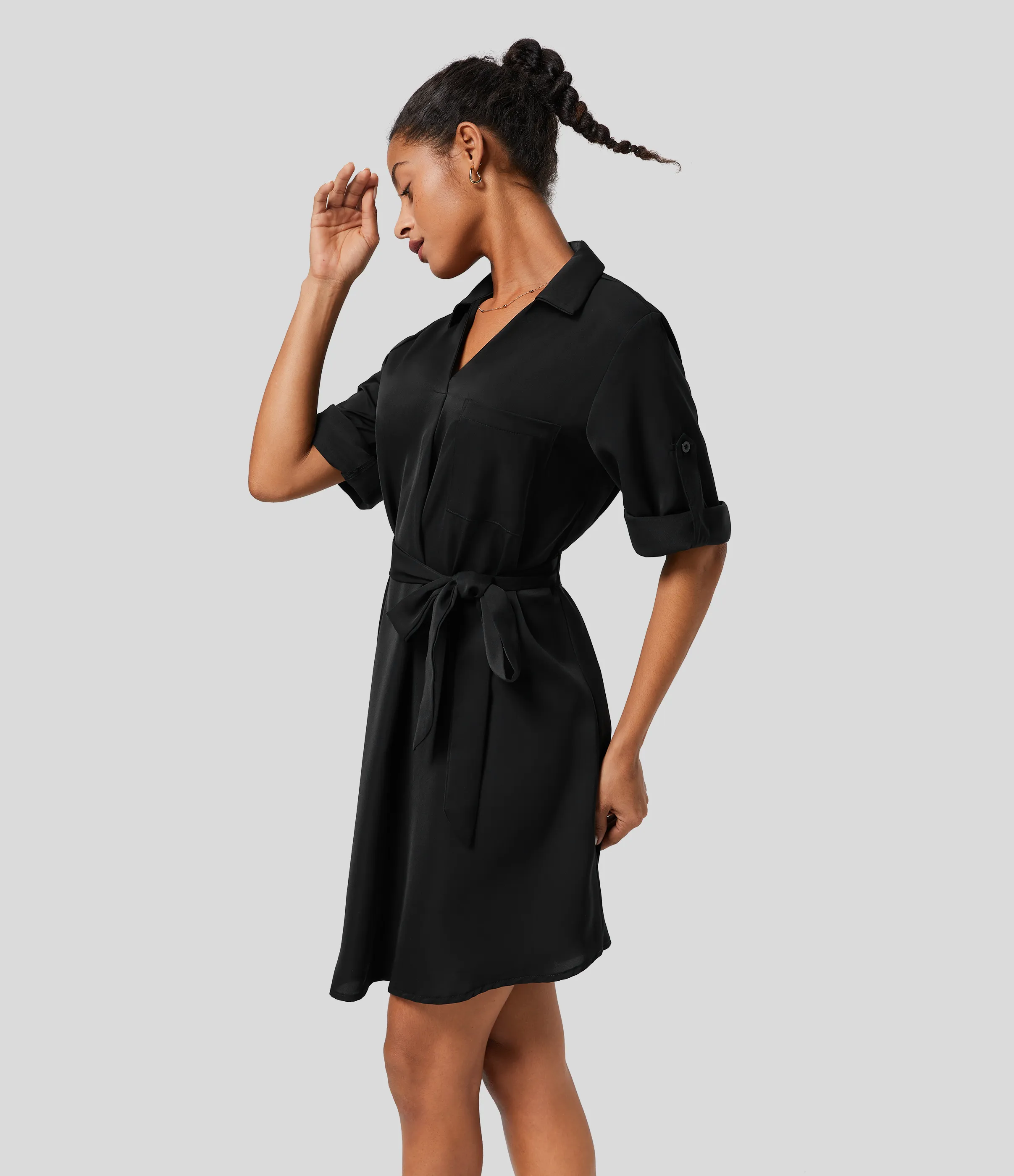 Halara Vestido camisero oficina midi cinturón manga enrollada cuello - Black - M sold by Halara product image thumbnail 4