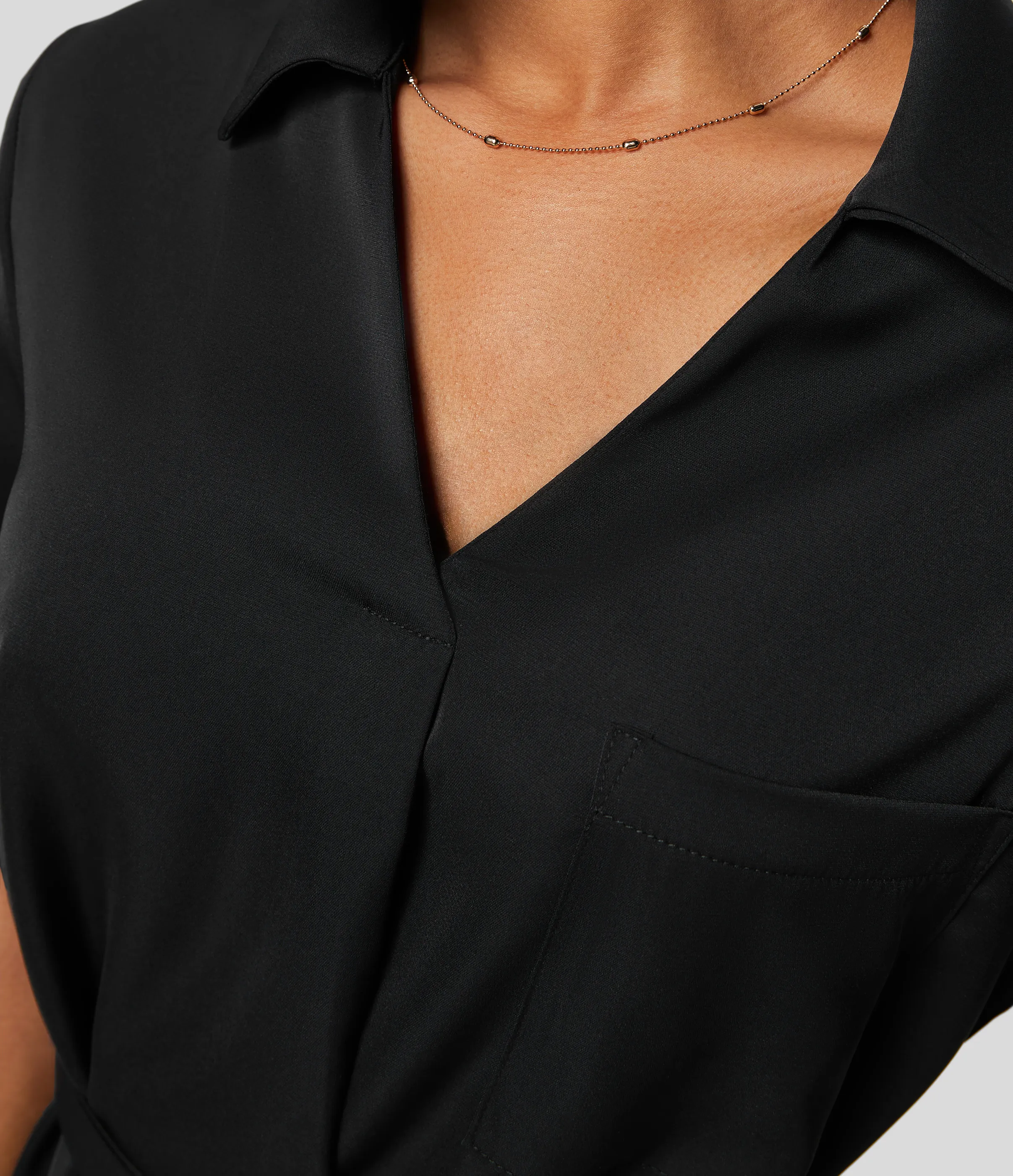 Halara Vestido camisero oficina midi cinturón manga enrollada cuello - Black - M sold by Halara product image thumbnail 5