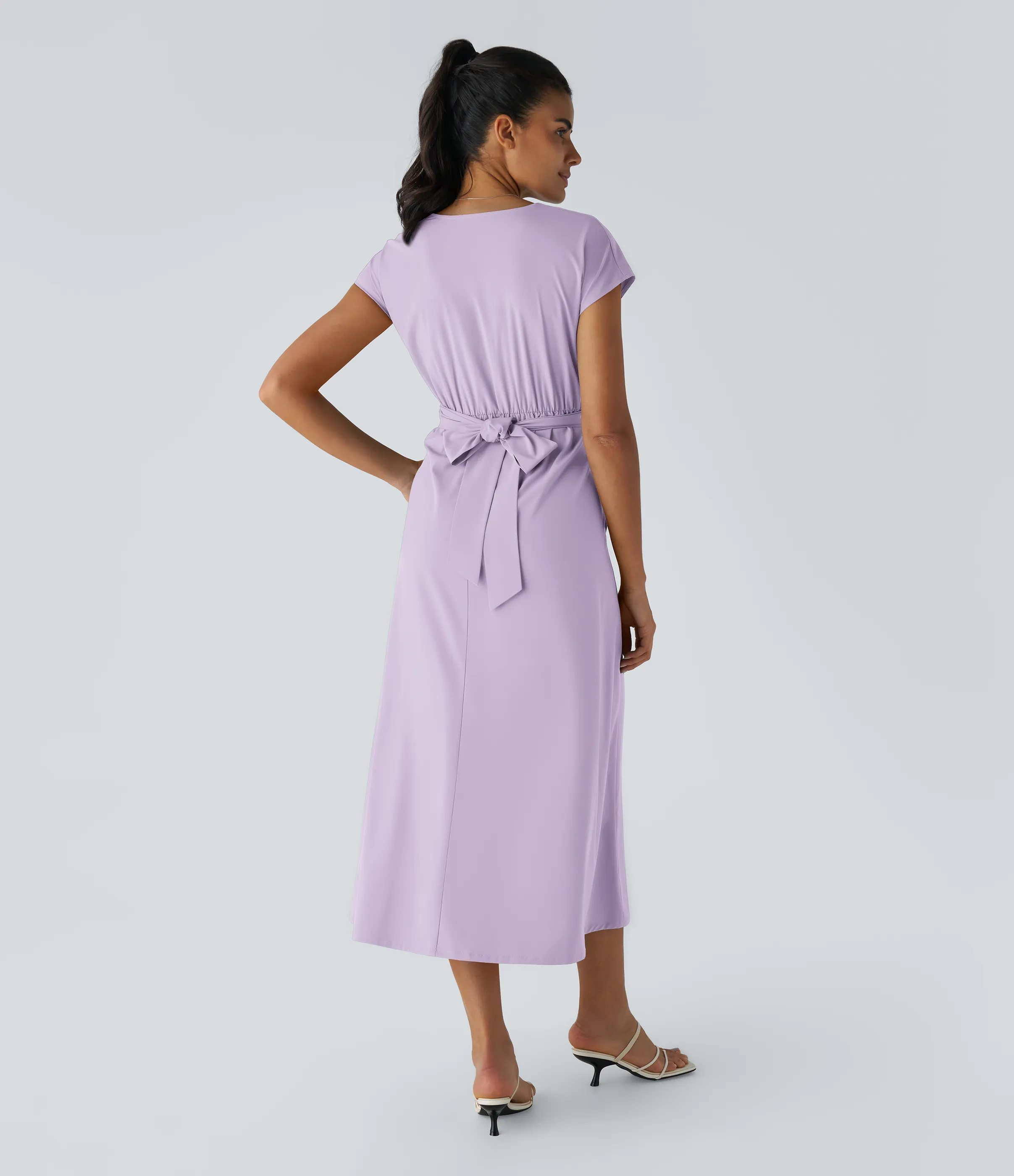 Halara Vestido midi Breezeful™ secado rápido cuello V manga corta bolsillo lateral lazo espalda - Leisurely Lavender - S sold by Halara product image thumbnail 3