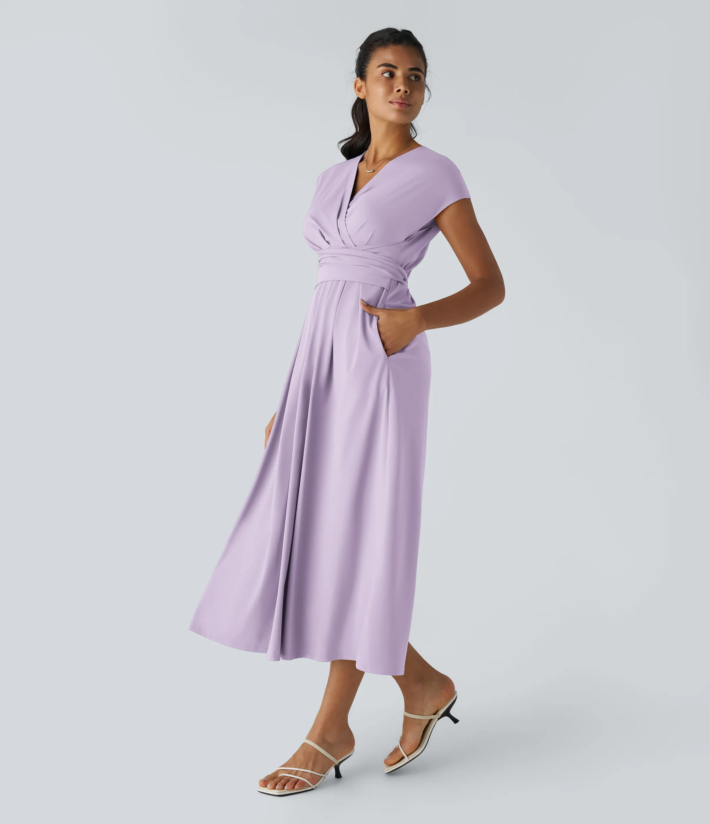 Halara Vestido midi Breezeful™ secado rápido cuello V manga corta bolsillo lateral lazo espalda - Leisurely Lavender - S sold by Halara product image thumbnail 4