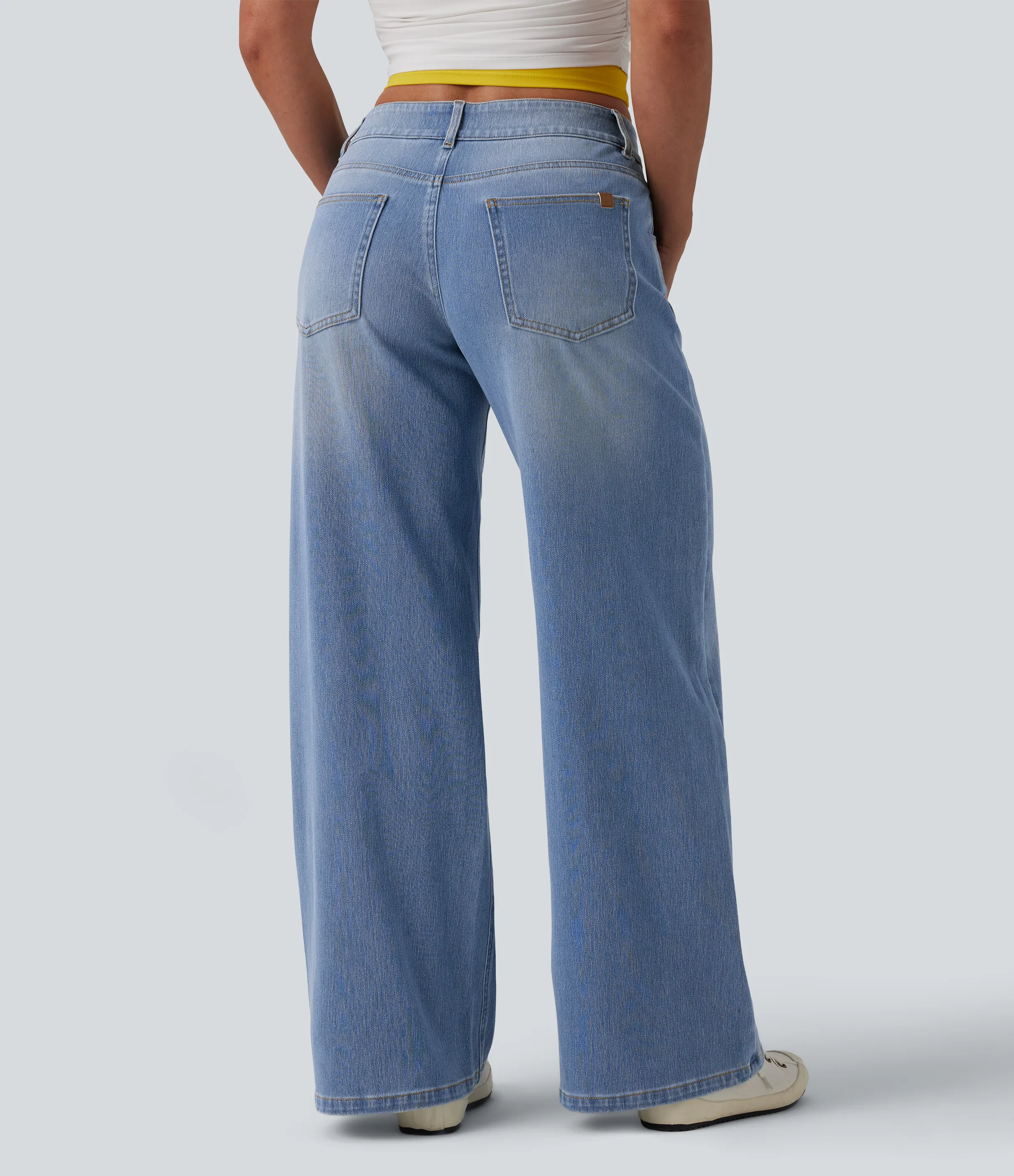 Halara Jeans Baggy Halara Flex™ Denim tiro bajo botón cremallera múltiple bolsillo elástico lavado holgado pierna ancha - Malibu Blue Denim - L(regular) sold by Halara product image thumbnail 3