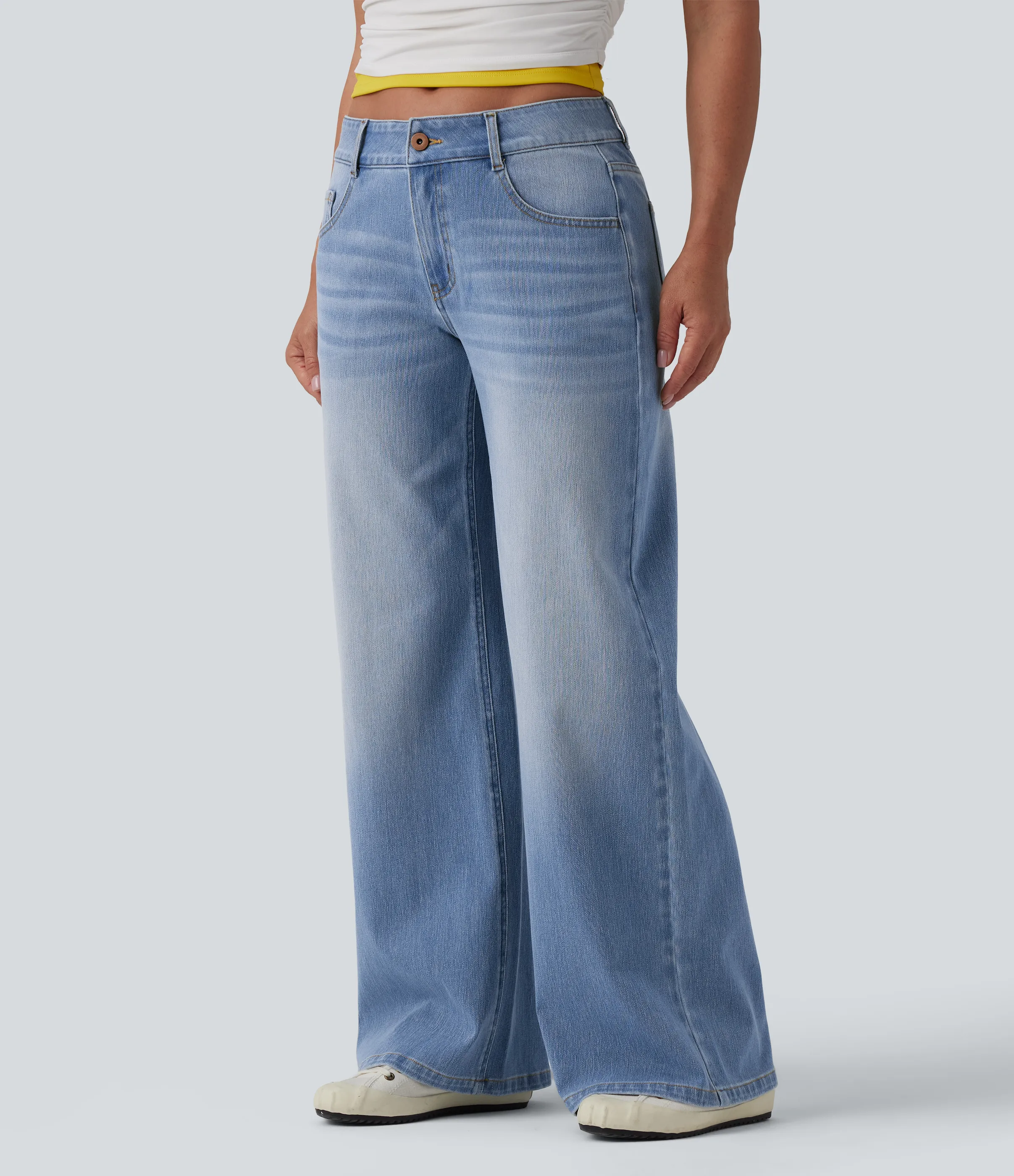 Halara Jeans Baggy Halara Flex™ Denim tiro bajo botón cremallera múltiple bolsillo elástico lavado holgado pierna ancha - Malibu Blue Denim - L(regular) sold by Halara product image thumbnail 4