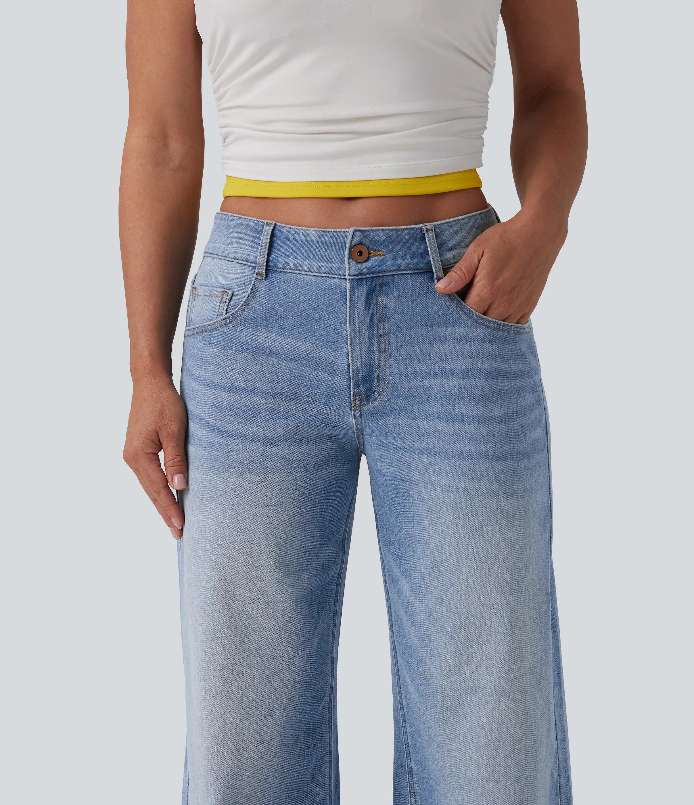 Halara Jeans Baggy Halara Flex™ Denim tiro bajo botón cremallera múltiple bolsillo elástico lavado holgado pierna ancha - Malibu Blue Denim - L(regular) sold by Halara product image thumbnail 5