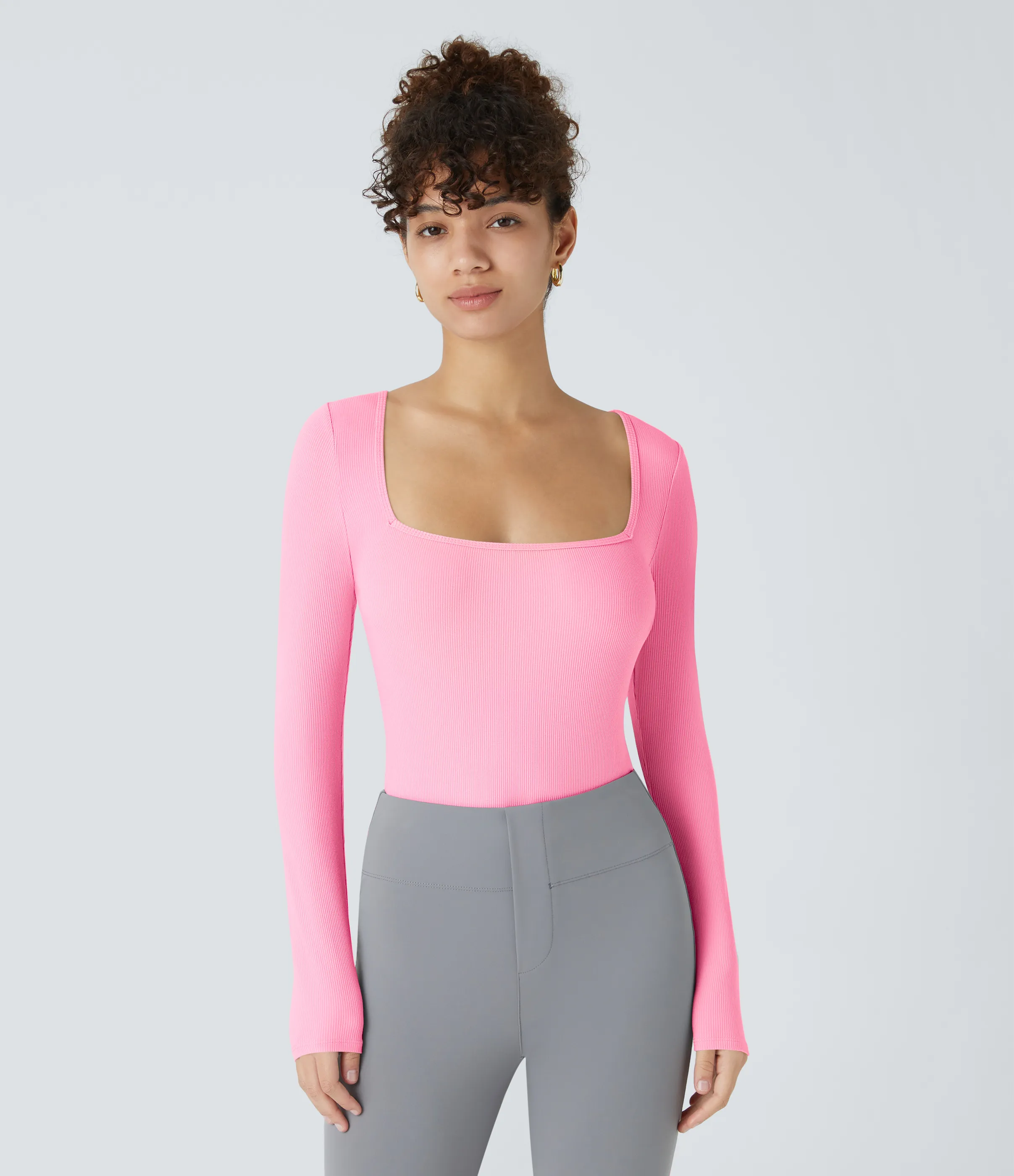 Halara Body oficina ajustado botón manga larga cuello cuadrado acanalado - Coral Pink - XL sold by Halara product image thumbnail 3