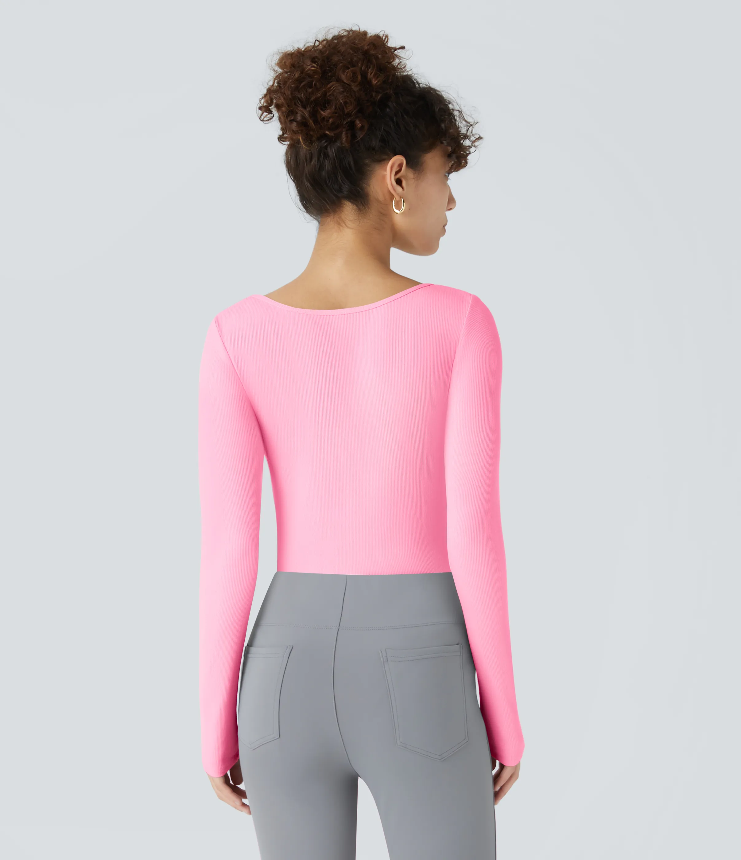 Halara Body oficina ajustado botón manga larga cuello cuadrado acanalado - Coral Pink - XL sold by Halara product image thumbnail 4