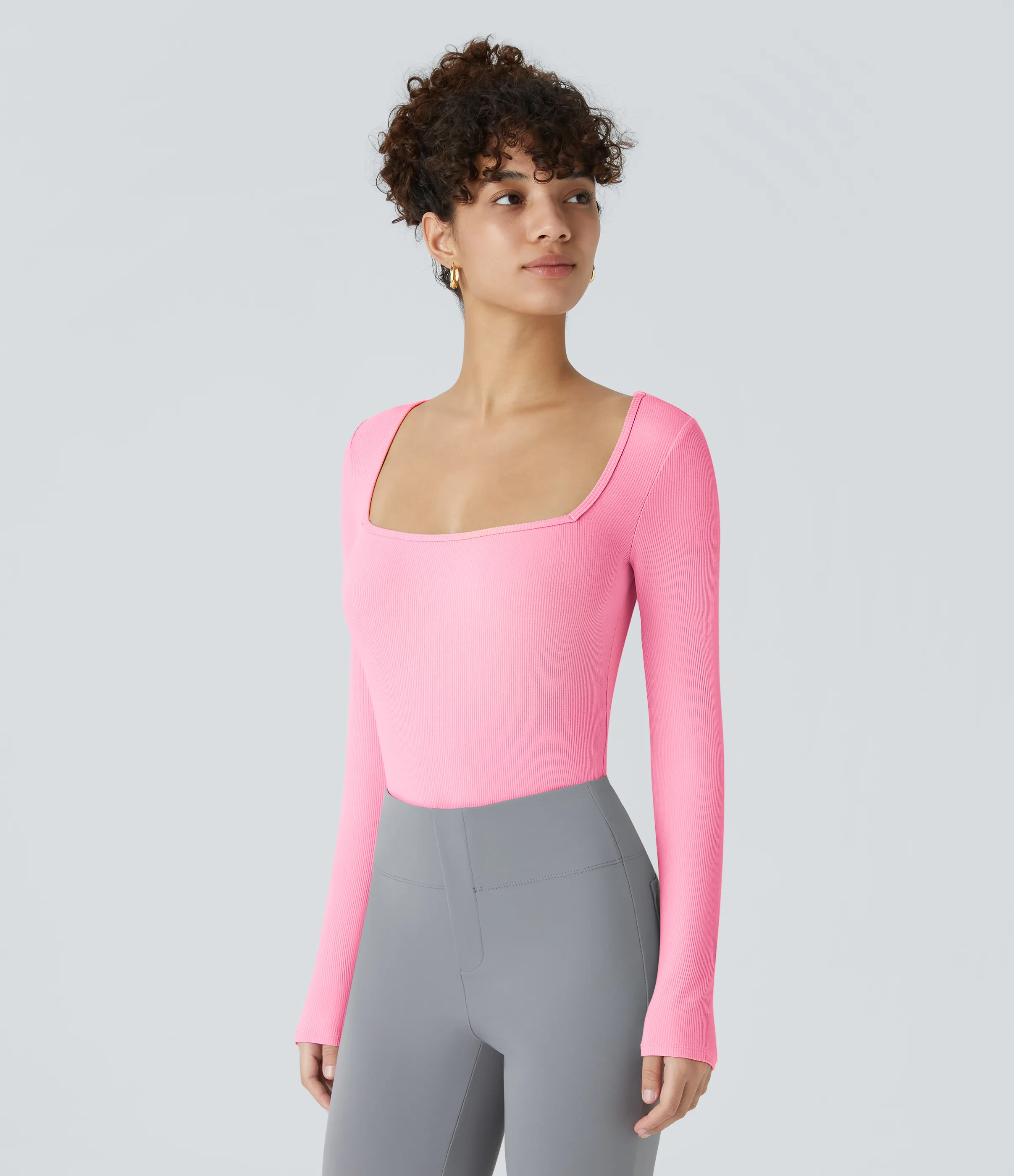 Halara Body oficina ajustado botón manga larga cuello cuadrado acanalado - Coral Pink - XL sold by Halara product image thumbnail 5