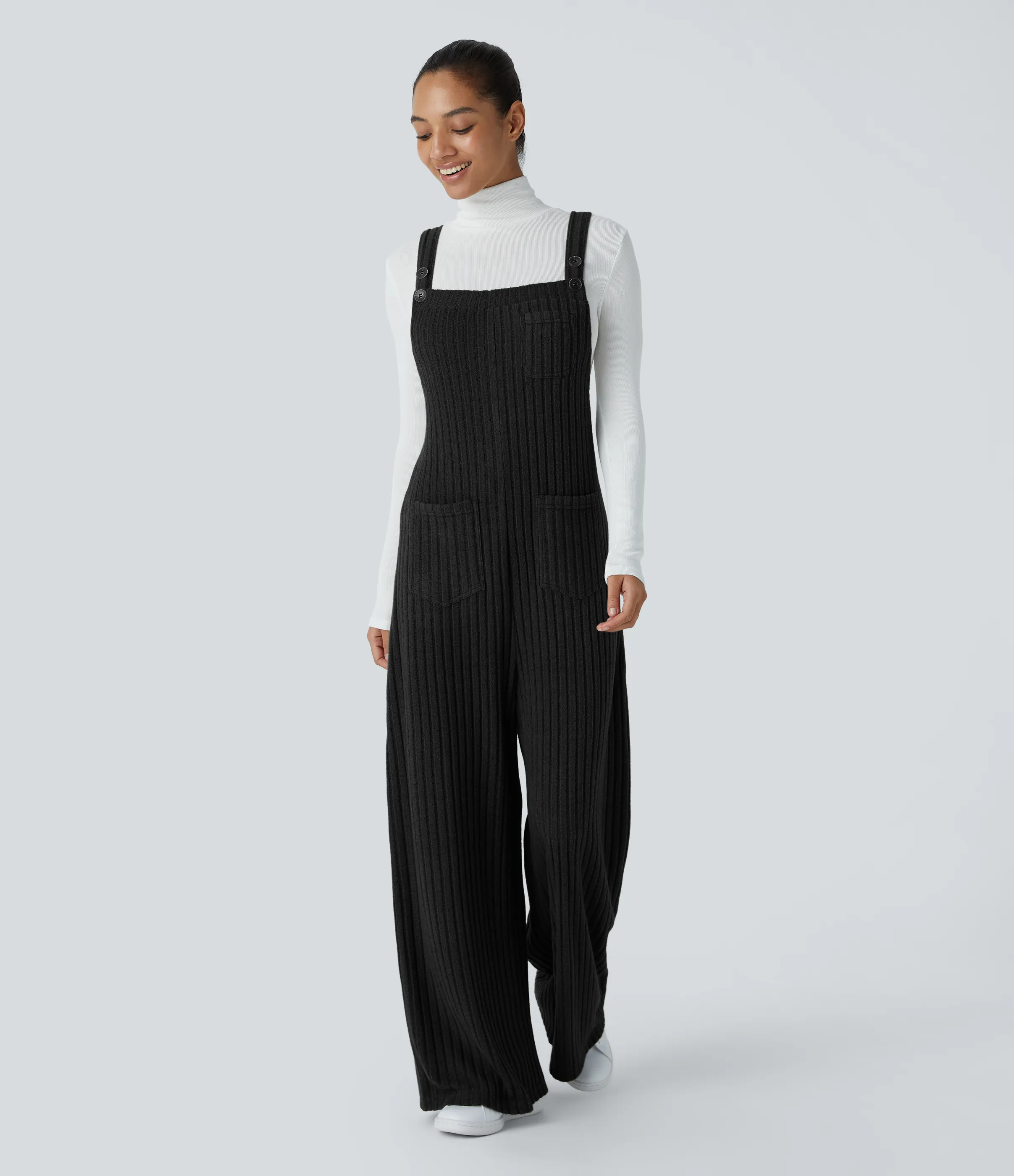 Halara Mono múltiple bolsillo botón tira ajustable acanalado - Black - L(regular) sold by Halara