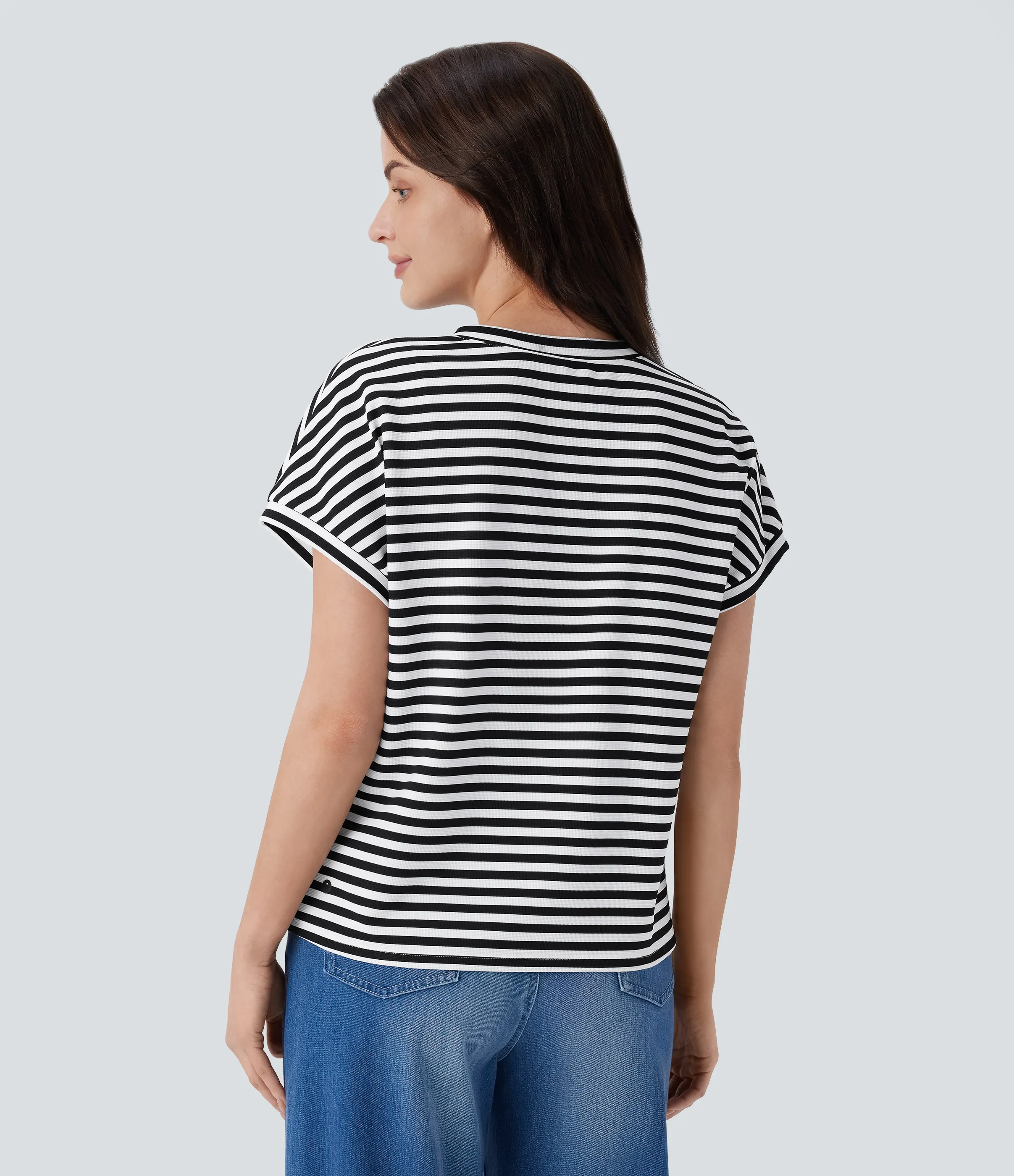 Halara Camiseta oficina relajada rayas cuello V - Black White Horizontal Stripe - M sold by Halara product image thumbnail 3