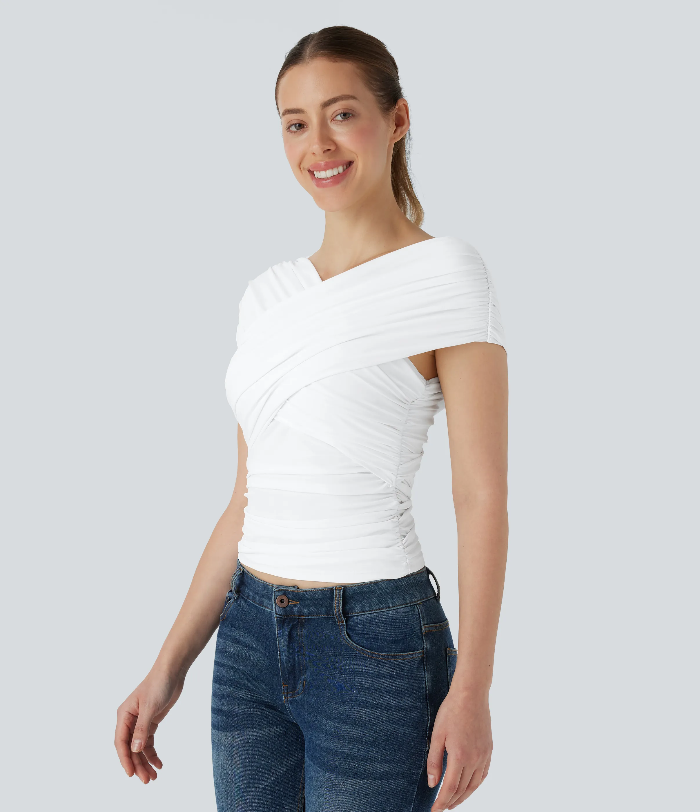 Halara Top casual ajustado con cuello en V, mangas cortas cruzadas y fruncido - White - XL sold by Halara product image thumbnail 5