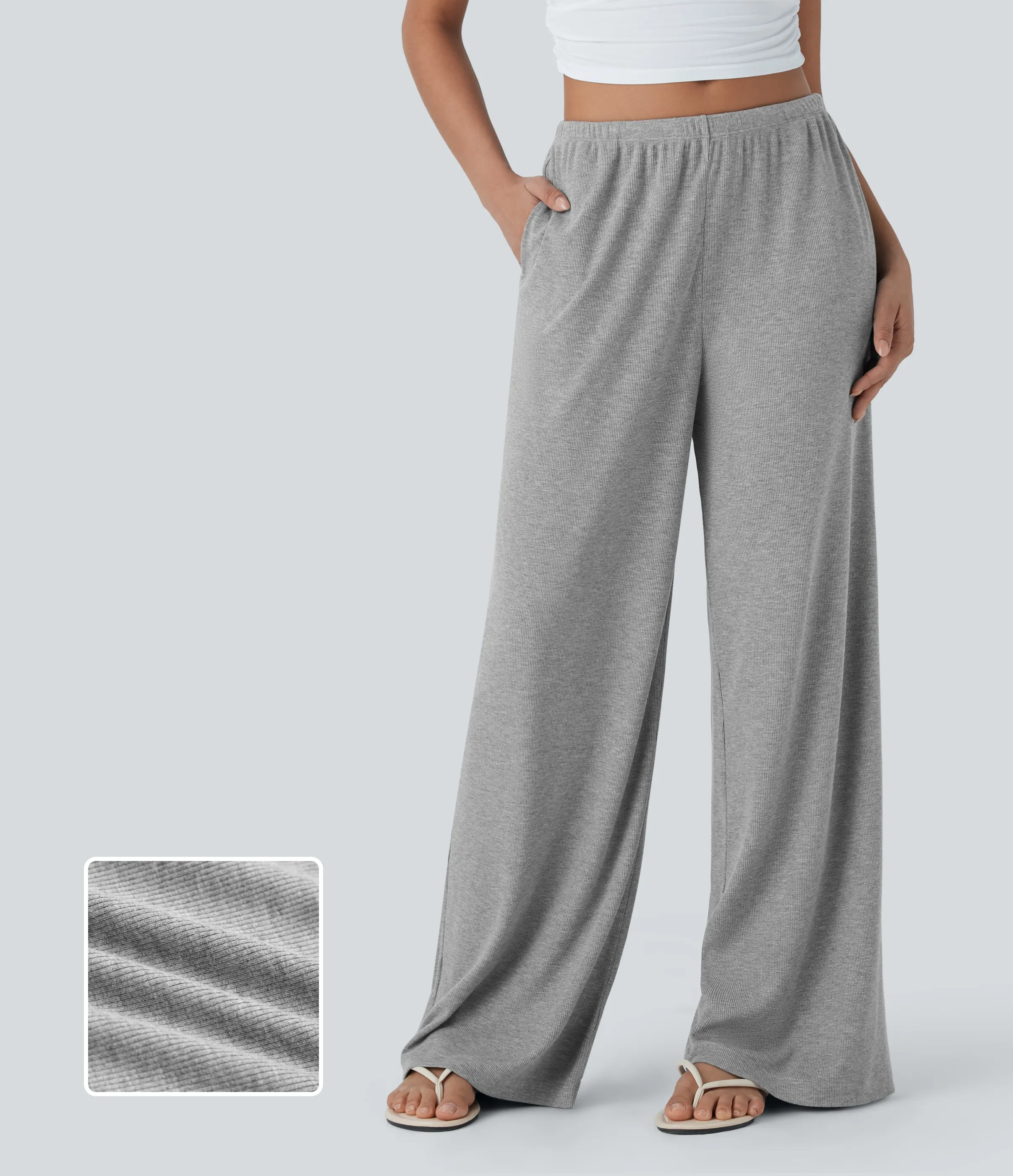 Halara Pantalones casuales anchos y holgados de tiro bajo elásticos, acanalados y agradables al tacto con cordón y bolsillos laterales - Fog Gray - S(regular) sold by Halara