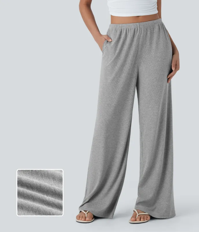 Halara Pantalones casuales anchos y holgados de tiro bajo elásticos, acanalados y agradables al tacto con cordón y bolsillos laterales - Fog Gray - XL(regular) sold by Halara