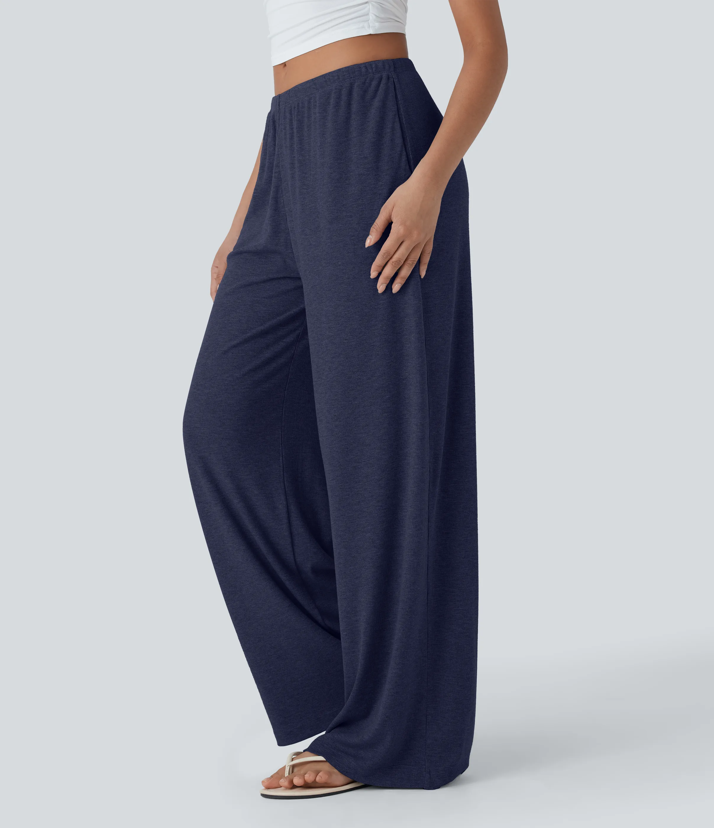 Halara Pantalones casuales anchos y holgados de tiro bajo elásticos, acanalados y agradables al tacto con cordón y bolsillos laterales - Peacoat - L(regular) sold by Halara product image thumbnail 4