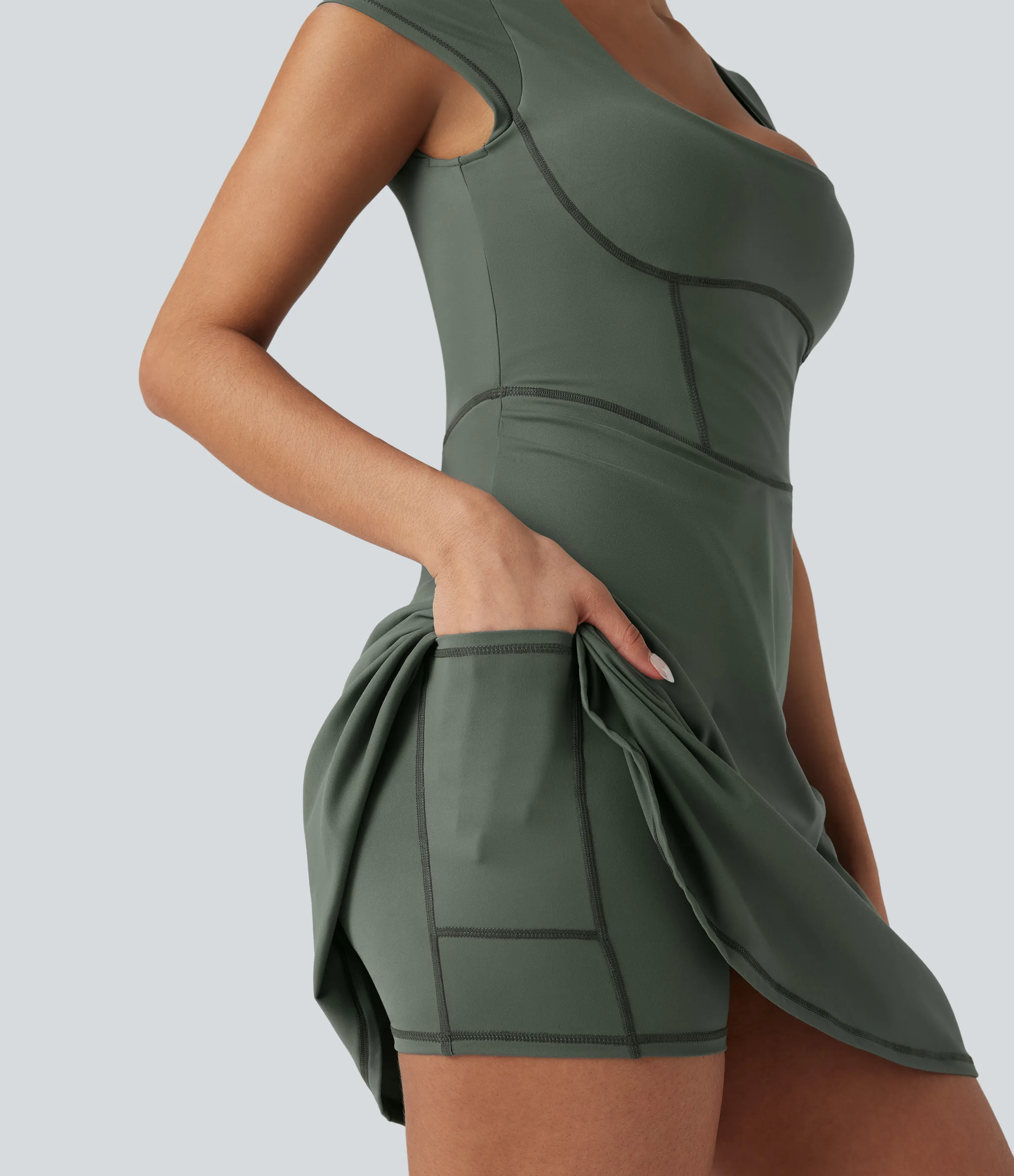 Halara Minivestido casual Softlyzero™ 2 en 1 con escote cuadrado y bolsillo - Smoke Grey Green - XS sold by Halara product image thumbnail 5