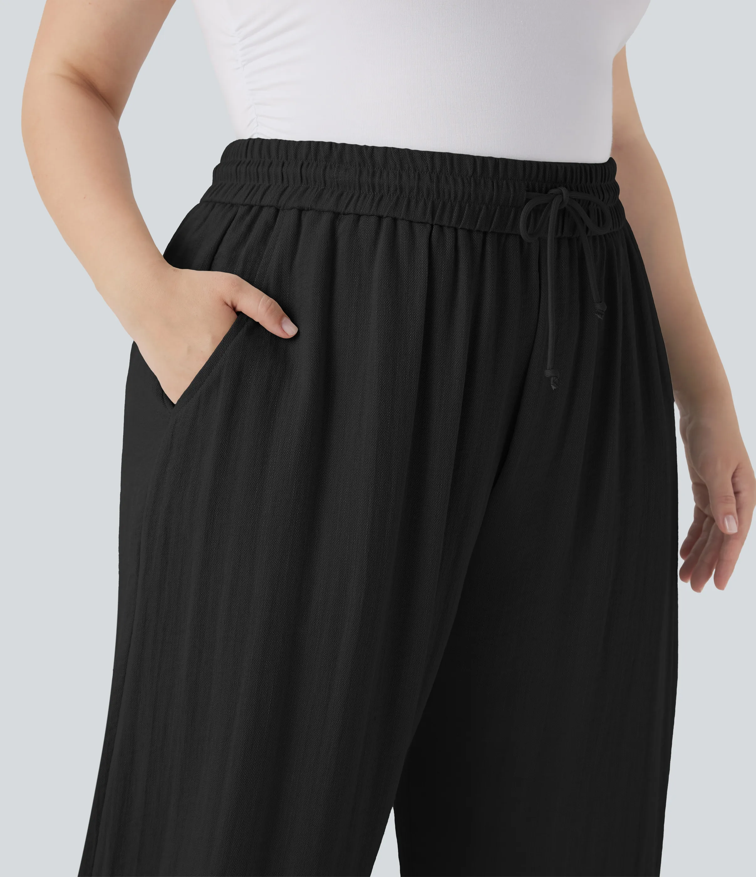 Halara Pantalón lino tiro alto cordón ajustable pierna ancha bolsillo talla grande - Black - 2X(regular) sold by Halara product image thumbnail 5