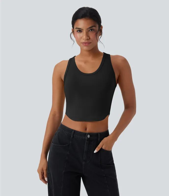 Halara Top corto casual sin mangas con cuello en U y dobladillo curvo - Black - M made by Halara