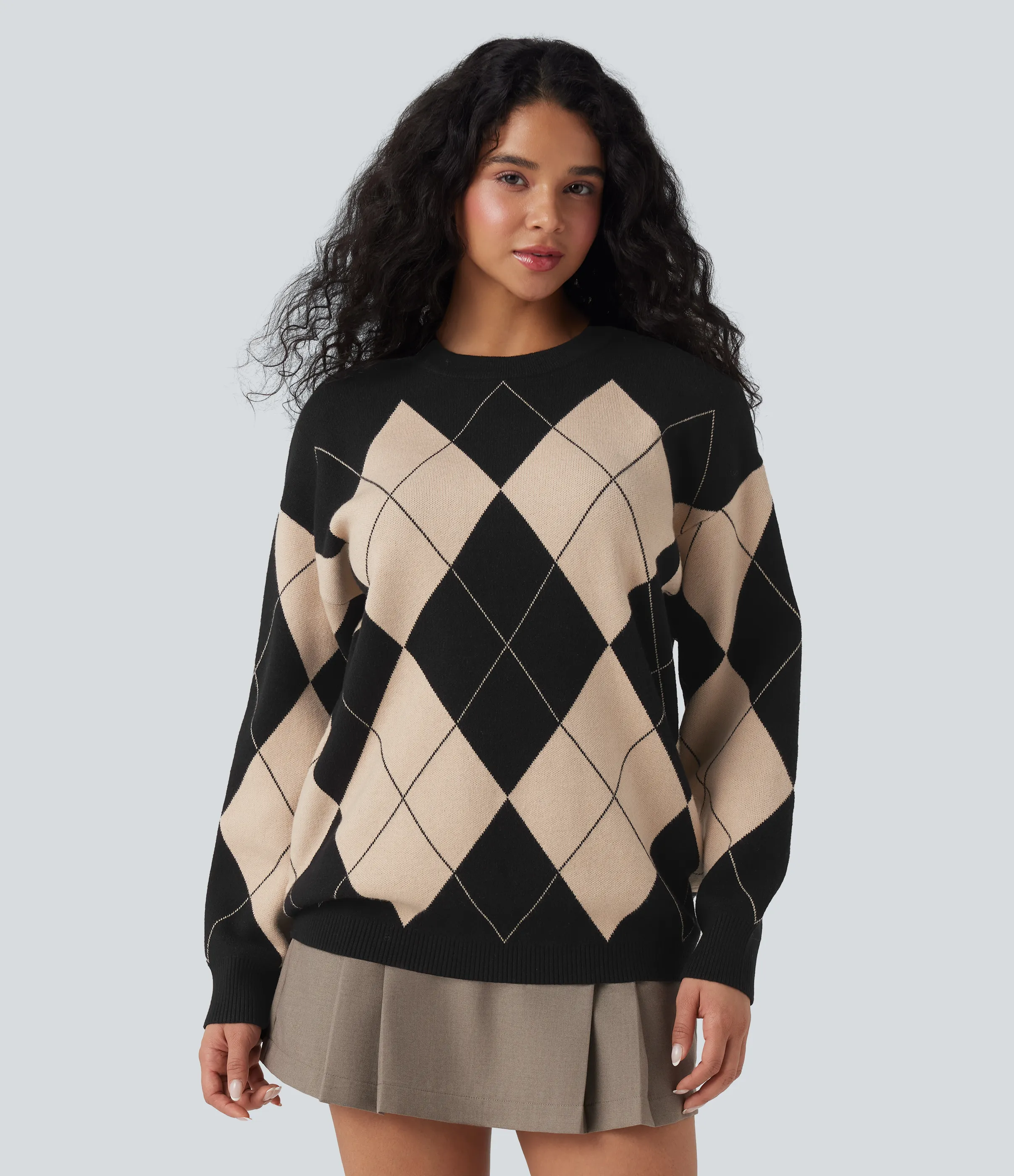 Halara Suéter de oficina con cuello redondo de manga larga y cuadros de rombos - Moonlight Diamond - L sold by Halara